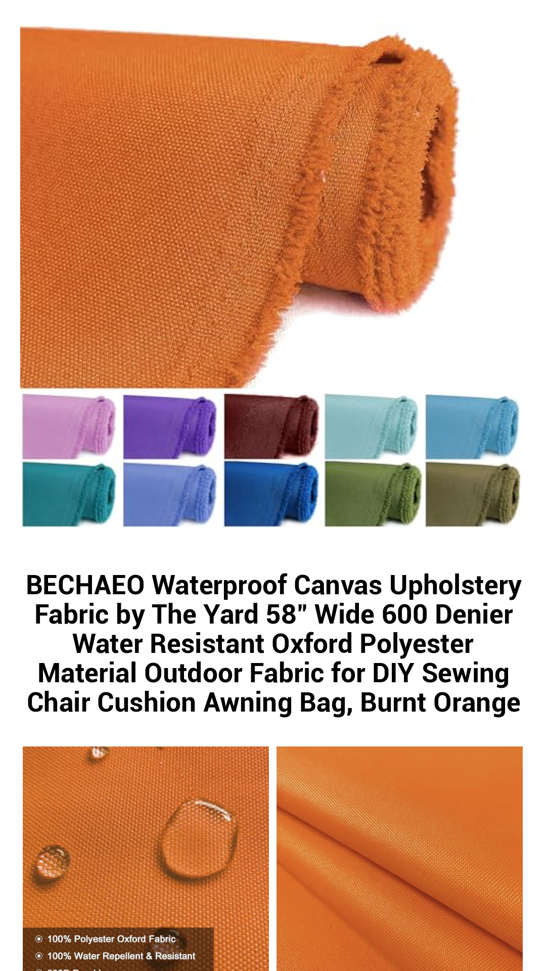 Premium Burnt Orange Waterproof Canvas Upholstery Fabric – 58” Wide 600D Oxford Polyester for Outdoor and Indoor DIY Projects, Cushions, Bags, and More