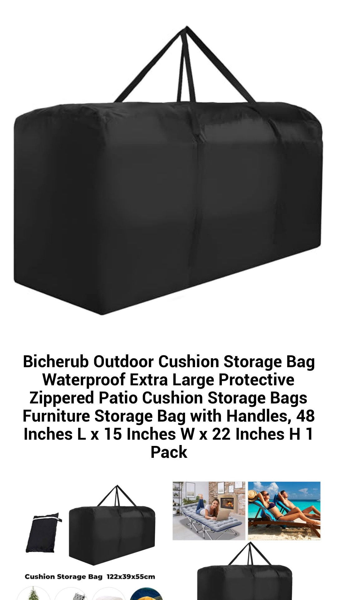 Extra Large Waterproof Outdoor Cushion Storage Bag - Durable Zippered Furniture Protector with Handles for All Weather Conditions, 48"x15"x22"