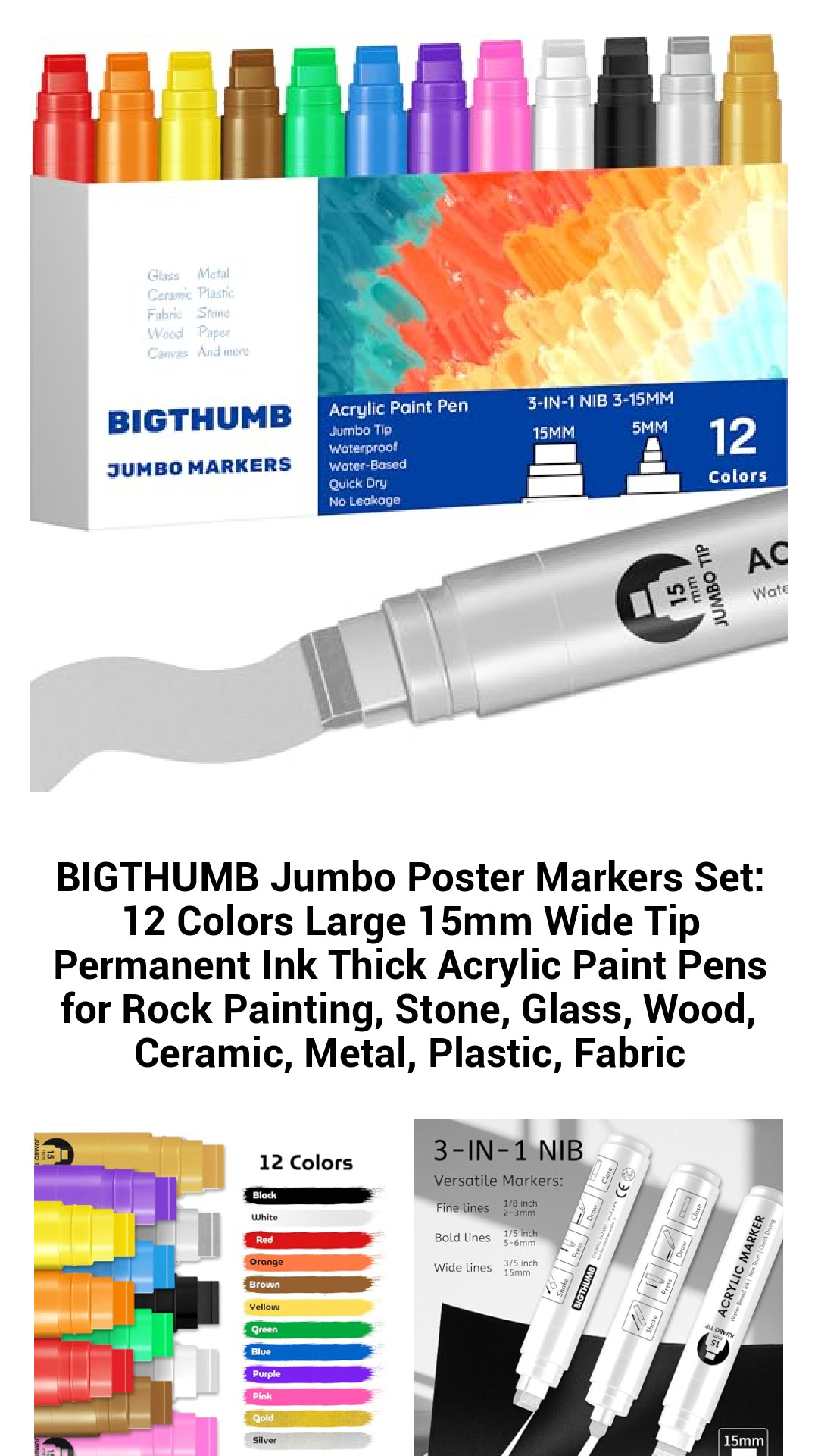 Vibrant 12-Color Jumbo Acrylic Paint Marker Set – Wide 15mm Tip for Rock, Glass, Wood, and Fabric Artistry