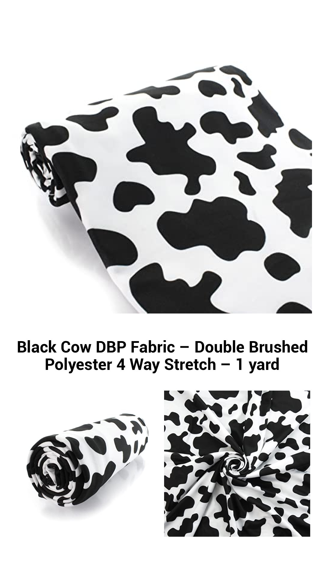 Luxurious Black Cow Print Double Brushed Polyester Fabric – 4-Way Stretch for Ultimate Comfort – 1 Yard
