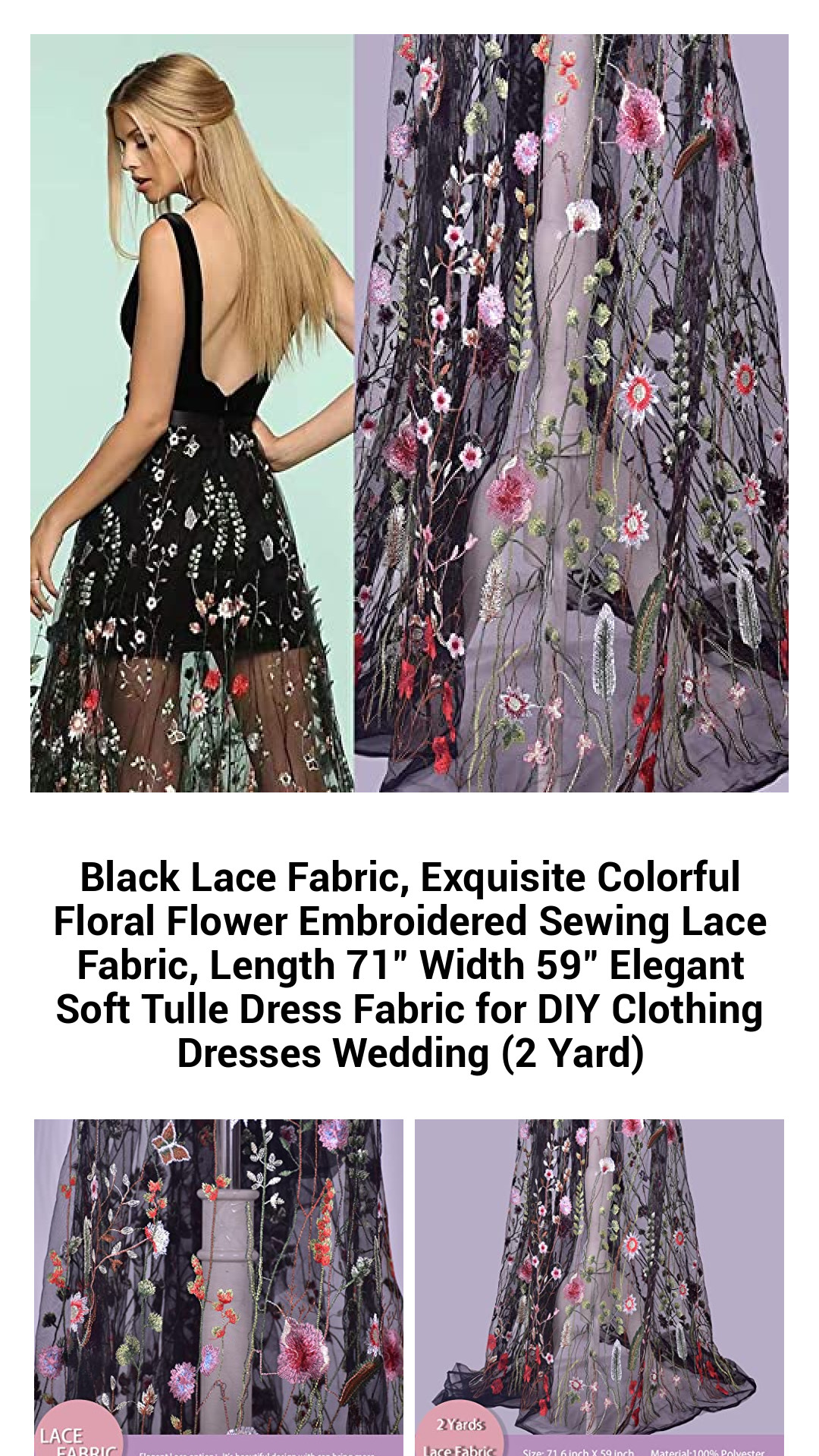 Exquisite Black Lace Fabric with Colorful Floral Embroidery for DIY Wedding Dresses and Crafting - 2 Yards of Elegant Soft Tulle