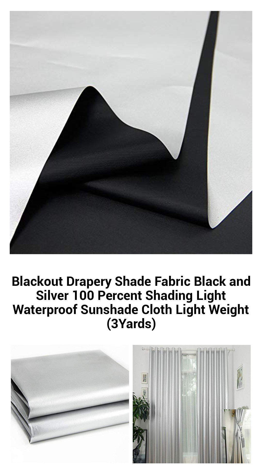 Premium Black and Silver Blackout Drapery Shade Fabric - 100% Light Blocking, Waterproof, Versatile Sunshade Cloth (3 Yards)