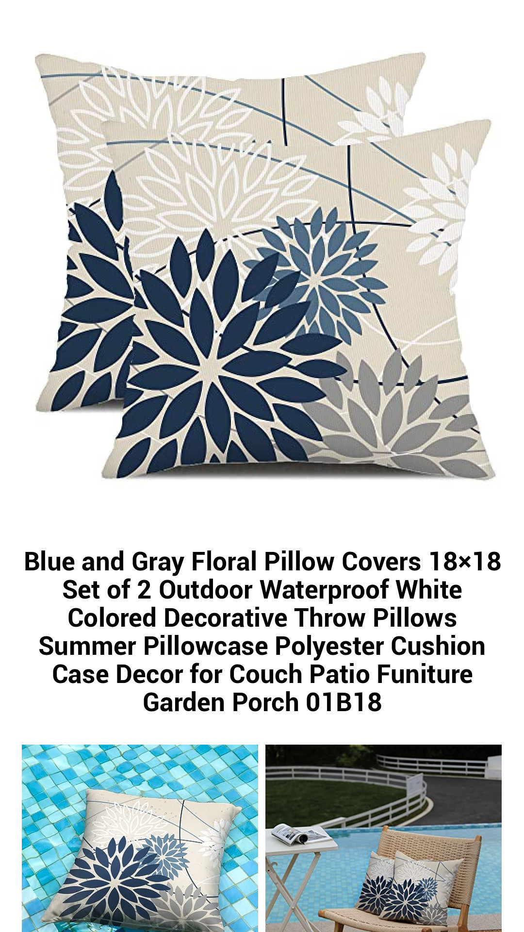 Elegant Blue and Gray Floral Waterproof Pillow Covers - Set of 2, 18x18 Summer Decorative Cushion Cases for Outdoor and Indoor Use