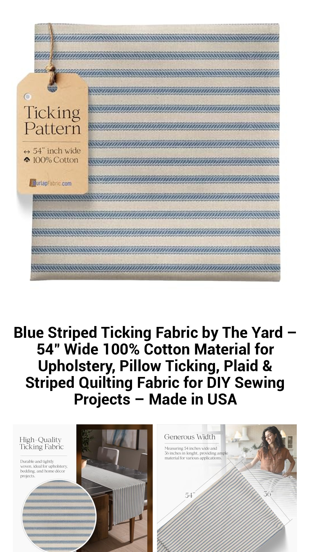 Premium Navy Blue Striped Ticking Fabric – 54" Wide 100% Cotton Upholstery Material for Elegant Home Décor, Quilting, and DIY Projects – Made in the USA