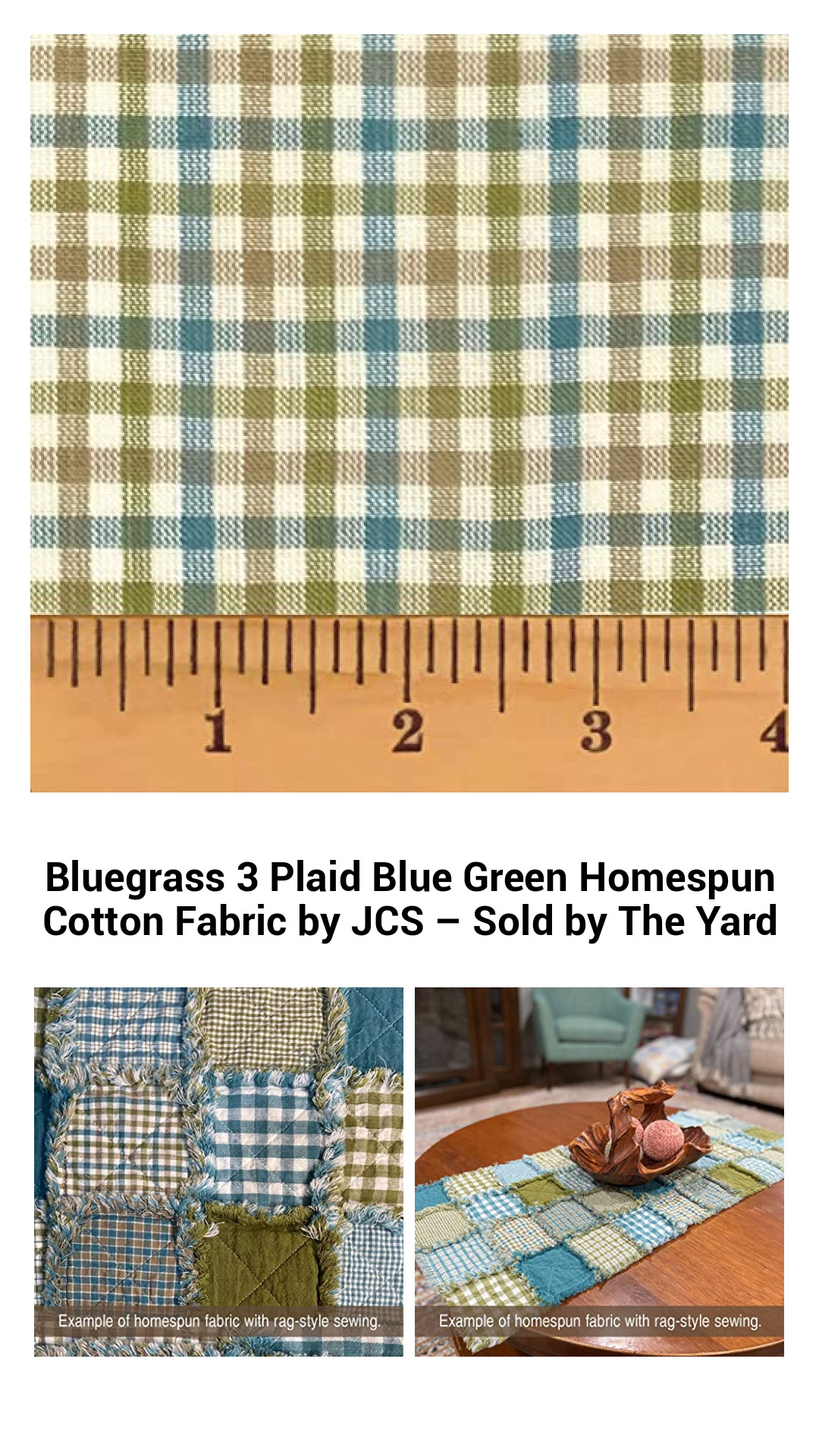 Homespun Charm: Bluegrass Plaid Cotton Fabric in Blue and Green - Ideal for Quilts, Crafts, and More - Sold by the Yard