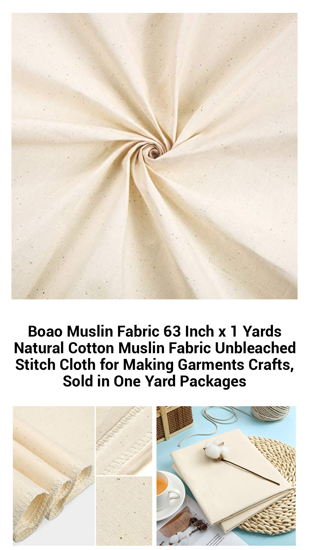 Premium Unbleached Cotton Muslin Fabric - Versatile 63 Inch x 1 Yard Natural Stitch Cloth for Crafting, Garment Making, and Quilting