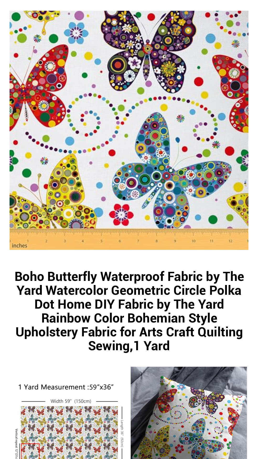 Vibrant Boho Butterfly Waterproof Fabric by the Yard - Colorful Geometric Polka Dot Design for DIY Crafts, Quilting, and Upholstery