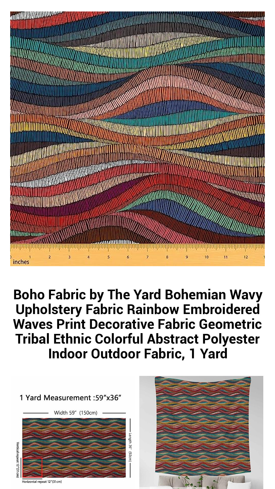 Boho Fabric by The Yard Bohemian Wavy Upholstery Fabric Rainbow Embroidered Waves Print Decorative Fabric Geometric Tribal Ethnic Colorful Abstract Polyester Indoor Outdoor Fabric, 1 Yard Boho Fabric by The Yard Bohemian Wavy Upholstery Fabric Rainbow Embroidered Waves Print Decorative Fabric Geometric Tribal Ethnic Colorful Abstract Polyester Indoor Outdoor Fabric, 1 Yard