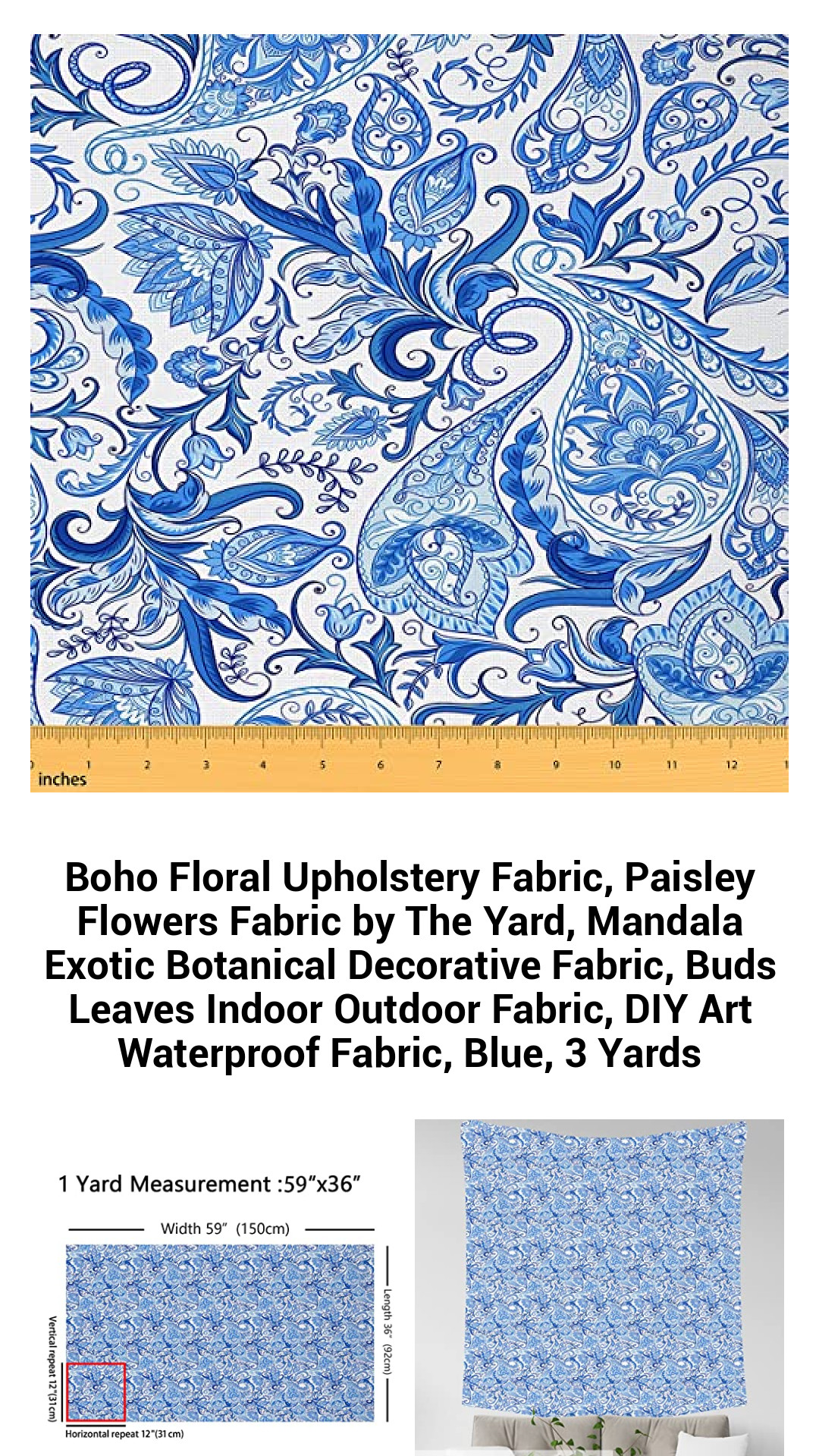 Boho Floral Upholstery Fabric, Paisley Flowers Fabric by The Yard, Mandala Exotic Botanical Decorative Fabric, Buds Leaves Indoor Outdoor Fabric, DIY Art Waterproof Fabric, Blue, 3 Yards Boho Floral Upholstery Fabric, Paisley Flowers Fabric by The Yard, Mandala Exotic Botanical Decorative Fabric, Buds Leaves Indoor Outdoor Fabric, DIY Art Waterproof Fabric, Blue, 3 Yards