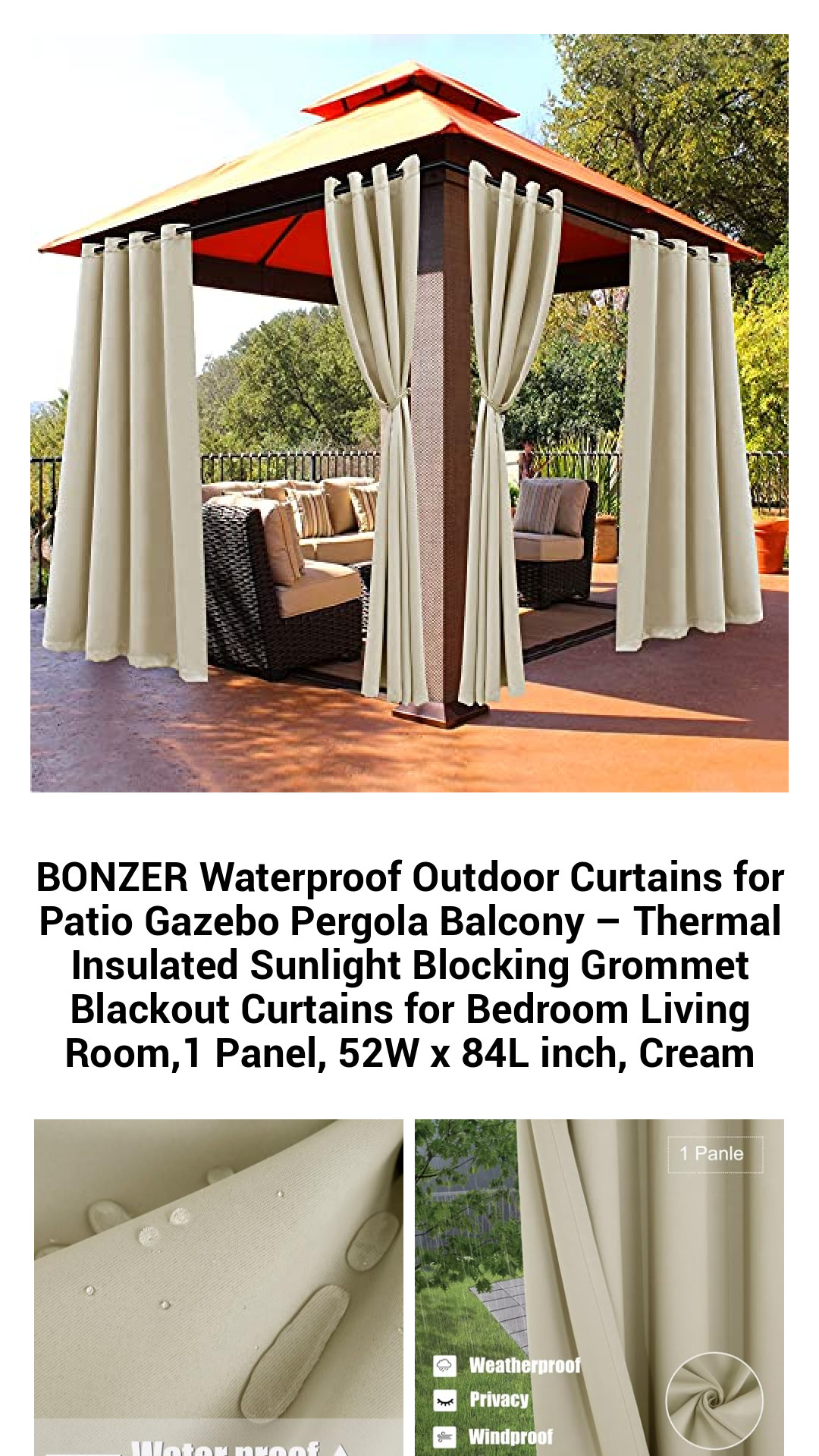 Stylish BONZER Waterproof Outdoor Curtains - Thermal Insulated Grommet Blackout Drapes for Patio, Gazebo, and Balcony - 52W x 84L Inch, Cream