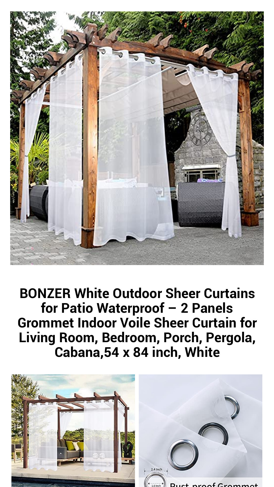 BONZER Waterproof Sheer Curtains for Outdoor Spaces - Elegant 2-Panels Grommet Drapes for Patio, Pergola, and Indoor Decor - 54 x 84 Inch in Classic White