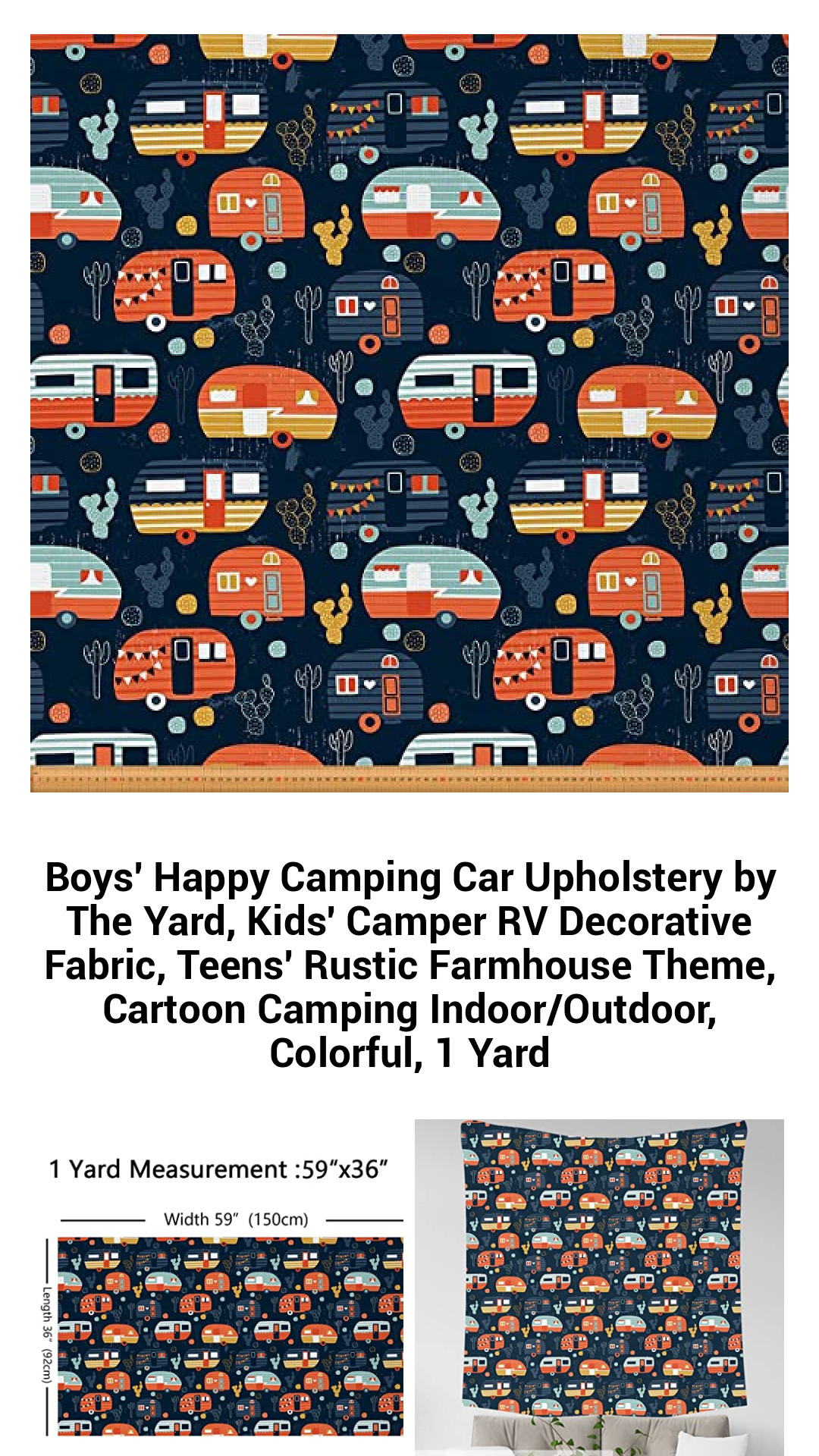 Boys' Happy Camping Car Upholstery by The Yard, Kids' Camper RV Decorative Fabric, Teens' Rustic Farmhouse Theme, Cartoon Camping Indoor/Outdoor, Colorful, 1 Yard Boys' Happy Camping Car Upholstery by The Yard, Kids' Camper RV Decorative Fabric, Teens' Rustic Farmhouse Theme, Cartoon Camping Indoor/Outdoor, Colorful, 1 Yard