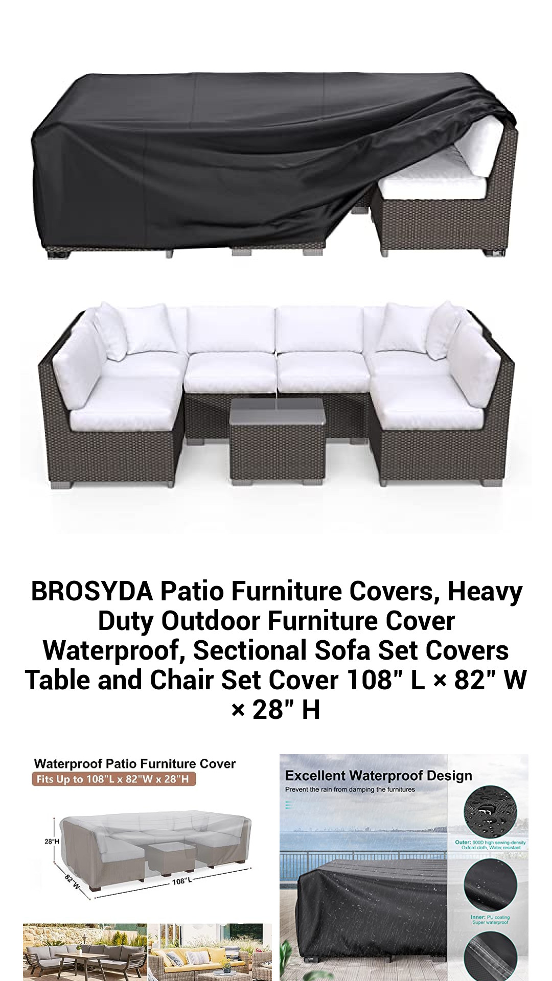 Premium Heavy-Duty Waterproof Patio Furniture Covers – Ultimate Protection for Sectional Sofa Sets and Dining Table & Chair Arrangements – 108" L × 82" W × 28" H