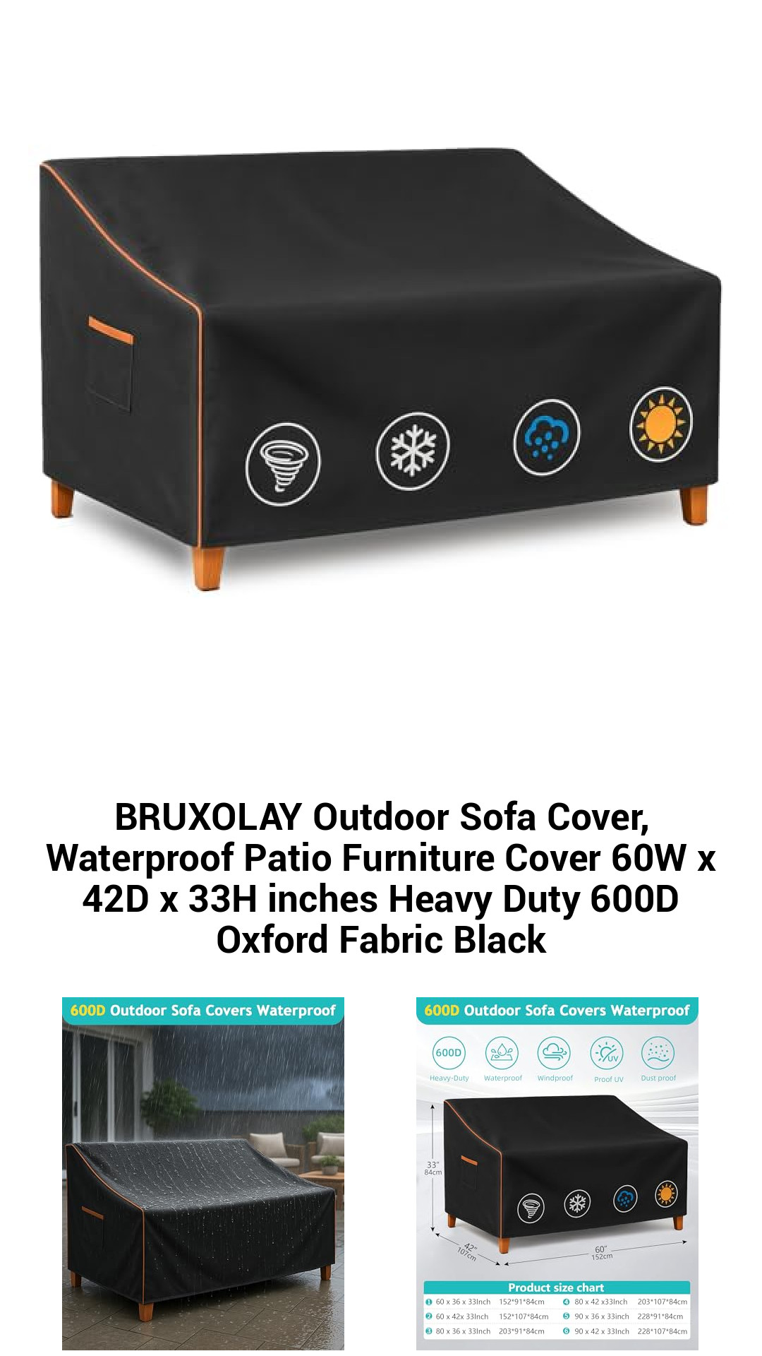 BRUXOLAY Outdoor Sofa Cover, Waterproof Patio Furniture Cover 60W x 42D x 33H inches Heavy Duty 600D Oxford Fabric Black BRUXOLAY Outdoor Sofa Cover, Waterproof Patio Furniture Cover 60W x 42D x 33H inches Heavy Duty 600D Oxford Fabric Black
