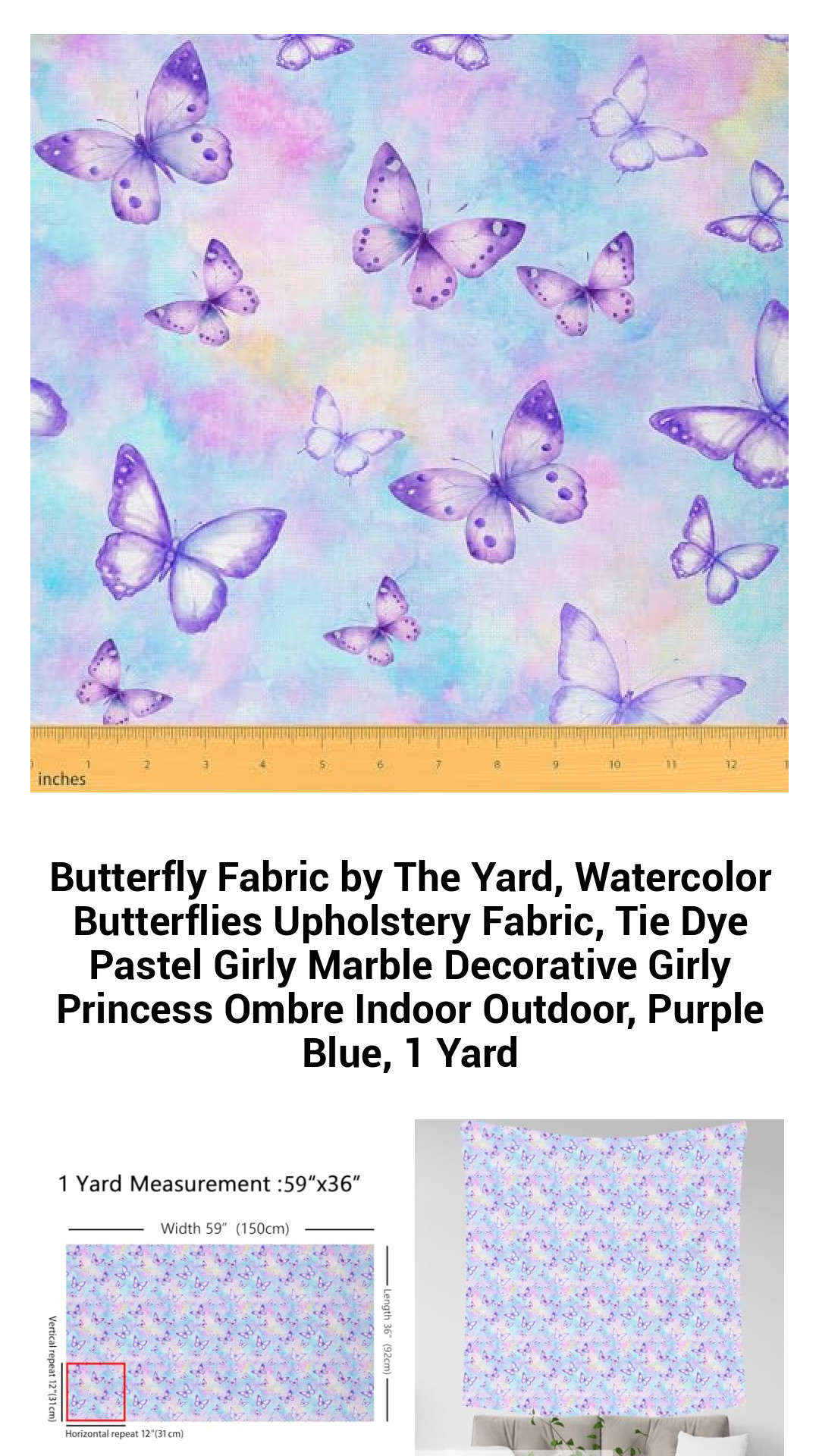Vibrant Watercolor Butterfly Fabric by the Yard for Chic Upholstery and Crafting – Pastel Tie Dye Ombre Design for Indoor & Outdoor Décor