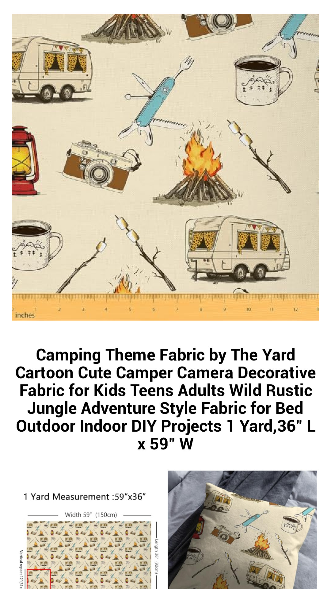 Adventure Awaits: Camping-Themed Fabric by The Yard – Charming Cartoon Camper & Camera Design for Creative Projects – Perfect for Kids, Teens, and Adults – 100% Waterproof Polyester for Indoor & Outdoor Use