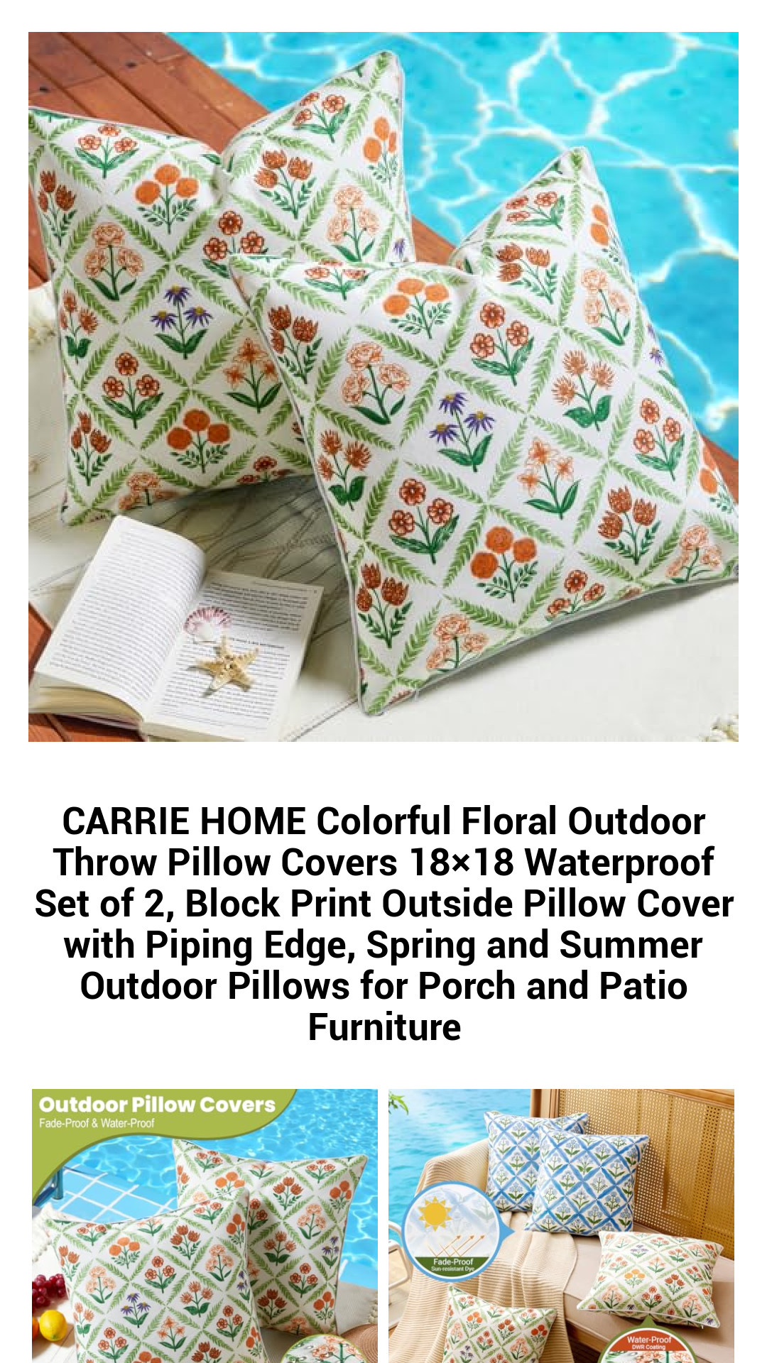CARRIE HOME Colorful Floral Outdoor Throw Pillow Covers 18×18 Waterproof Set of 2, Block Print Outside Pillow Cover with Piping Edge, Spring and Summer Outdoor Pillows for Porch and Patio Furniture CARRIE HOME Colorful Floral Outdoor Throw Pillow Covers 18×18 Waterproof Set of 2, Block Print Outside Pillow Cover with Piping Edge, Spring and Summer Outdoor Pillows for Porch and Patio Furniture