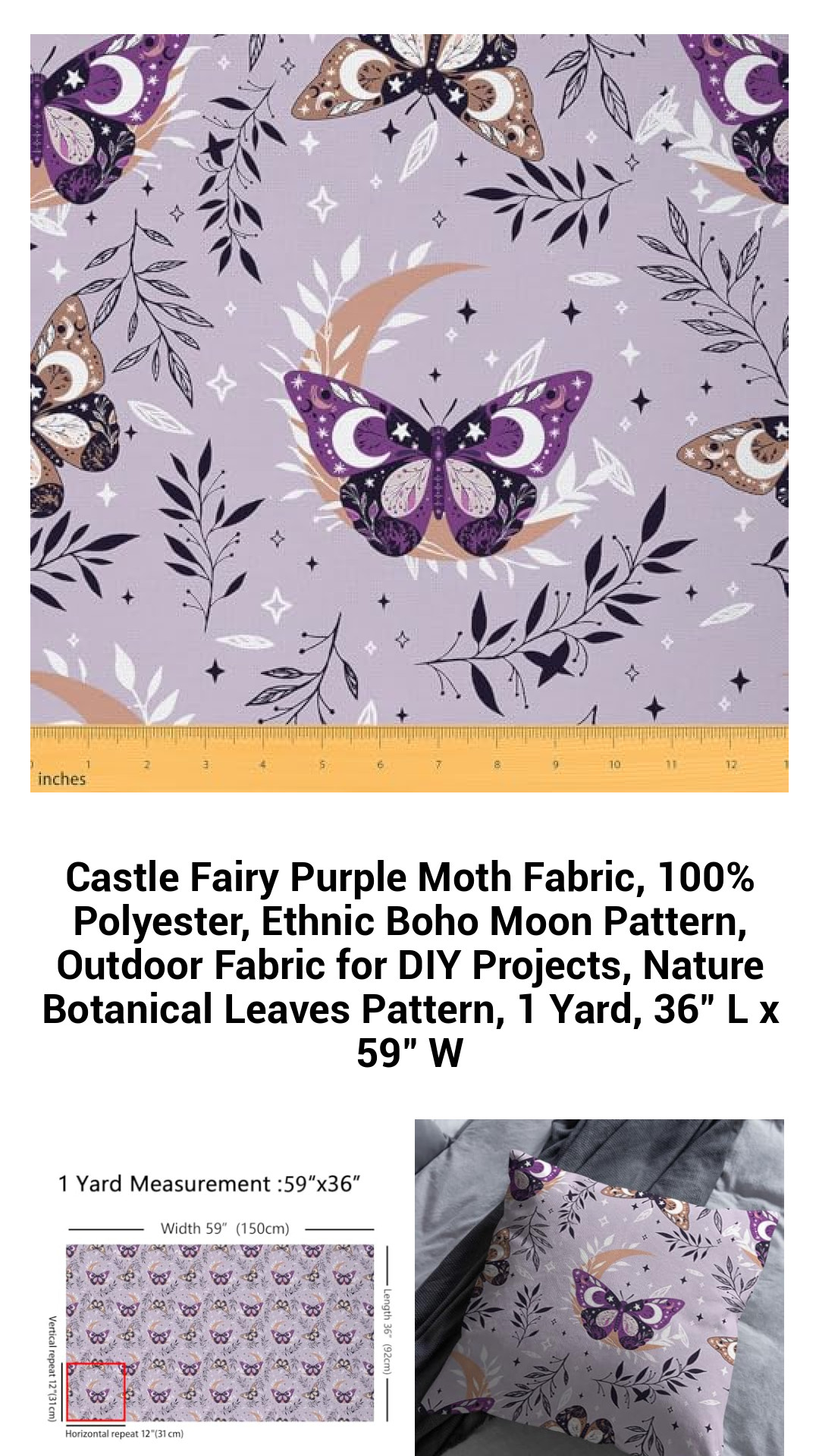 Enchanted Purple Moth Fabric - 100% Waterproof Polyester with Ethnic Boho Moon & Nature Leaf Design - 1 Yard for DIY Outdoor Projects