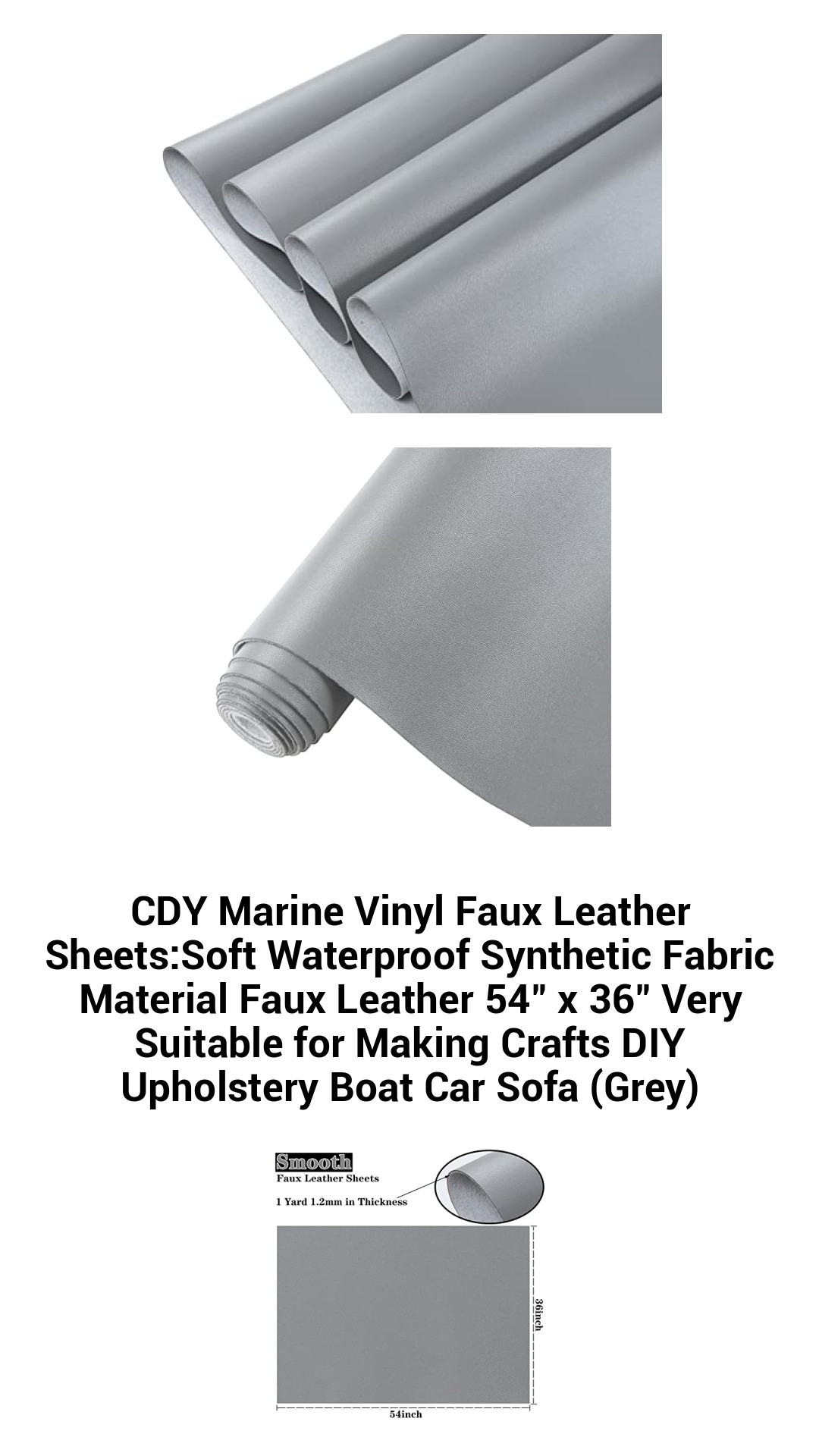 Premium Grey Marine Vinyl Faux Leather Sheets: Durable Waterproof Synthetic Fabric for DIY Upholstery, Crafts, and Home Decor - 54" x 36"
