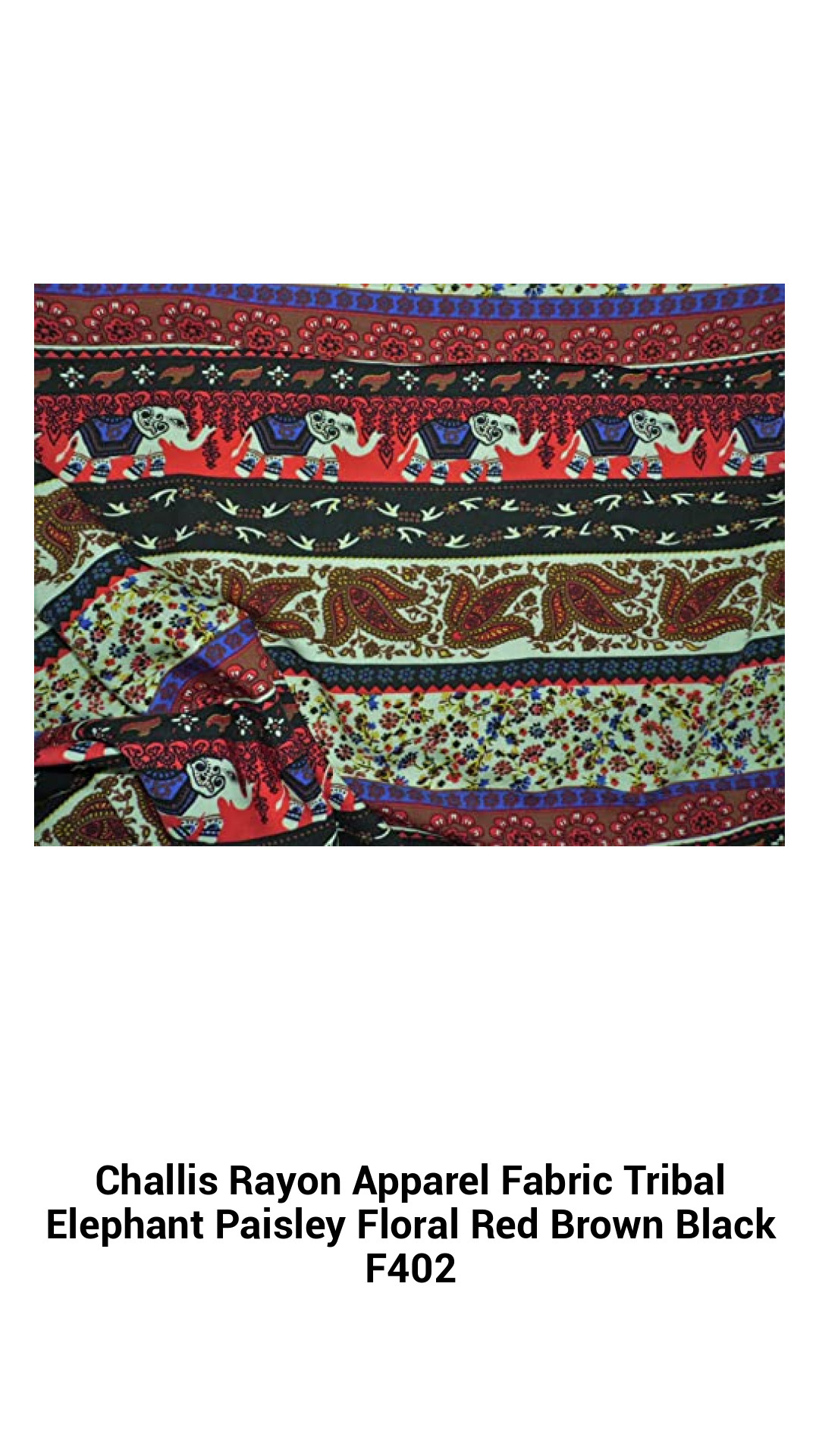 Vibrant Tribal Elephant Paisley Challis Rayon Fabric in Warm Red and Earthy Brown Hues - Perfect for Fashion and Crafts
