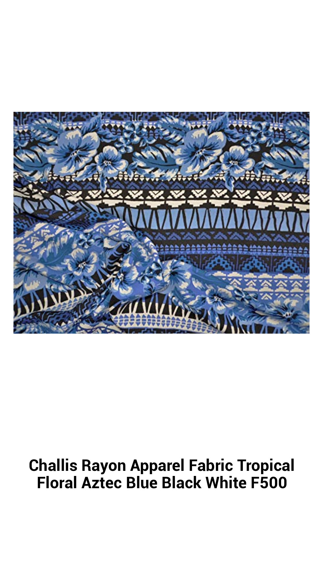 Tropical Floral Aztec Rayon Fabric in Blue, Black & White - Lightweight, Stylish Apparel Material for Creative Sewing Projects
