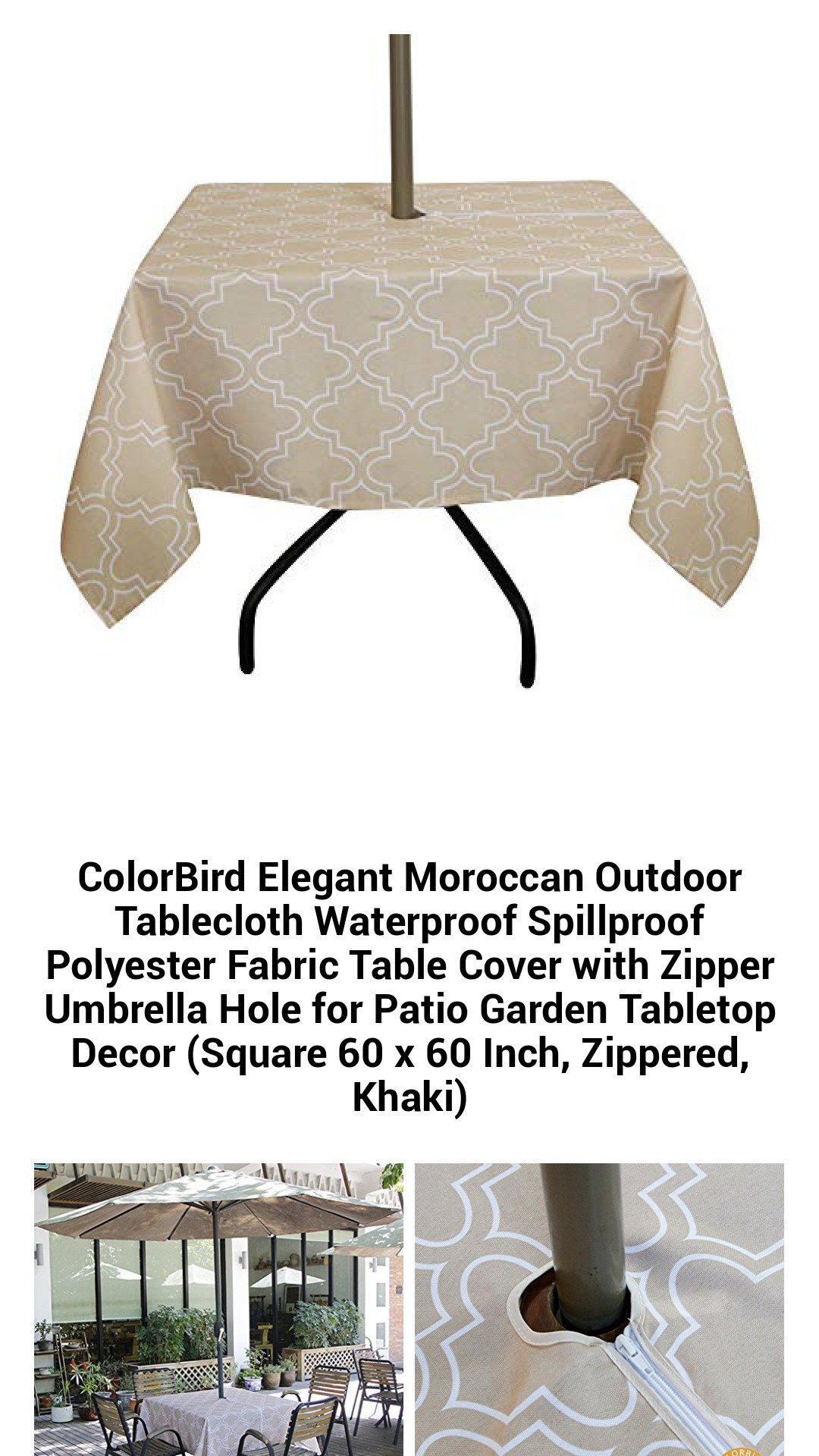 Stylish Moroccan-Inspired Waterproof Tablecloth with Zipper Umbrella Hole - Perfect for Outdoor Dining (Square 60 x 60 Inch, Khaki)