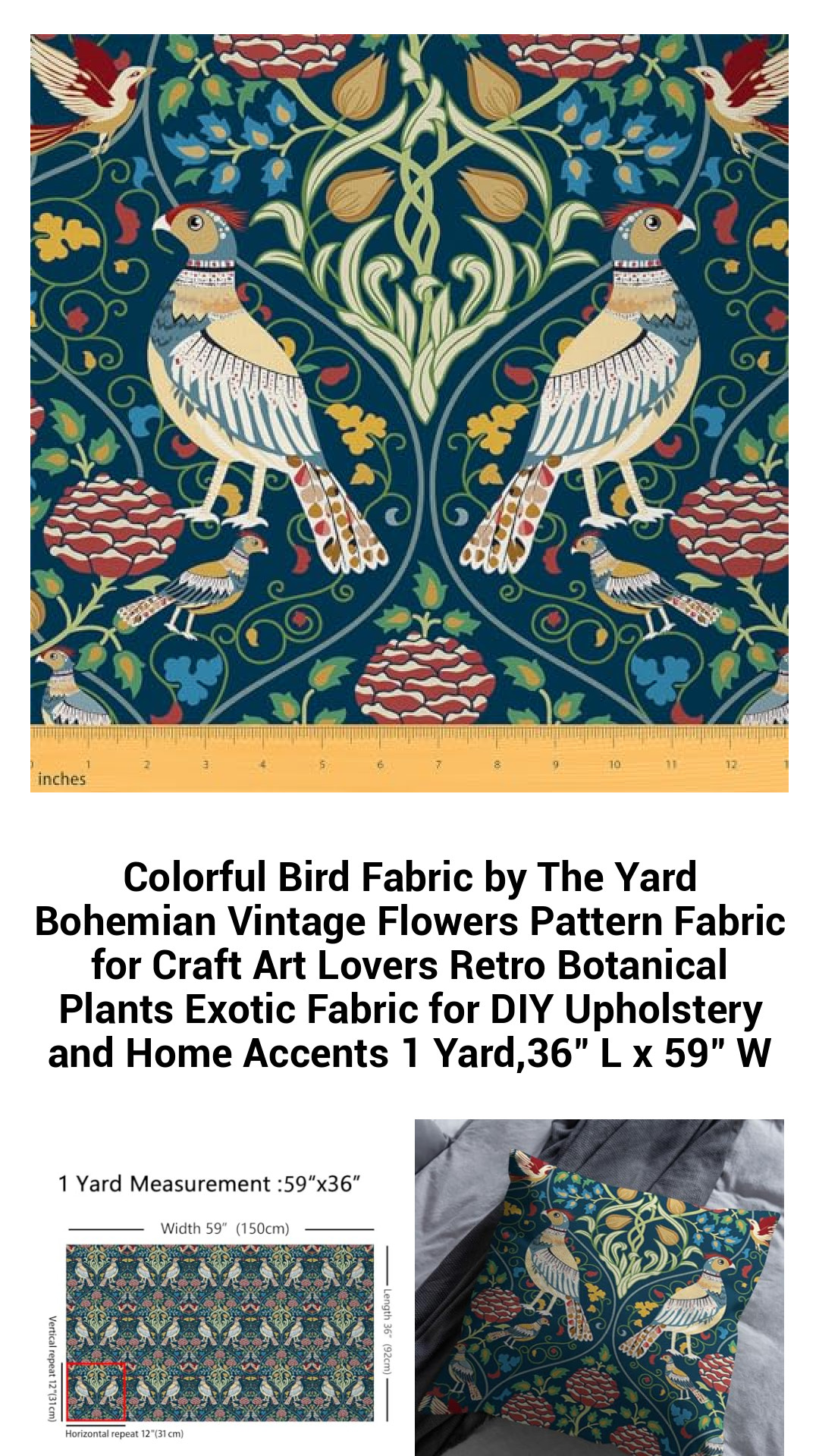Vibrant Bohemian Bird Pattern Fabric by The Yard - Exotic Floral Upholstery & DIY Crafting Material for Home Decor Lovers