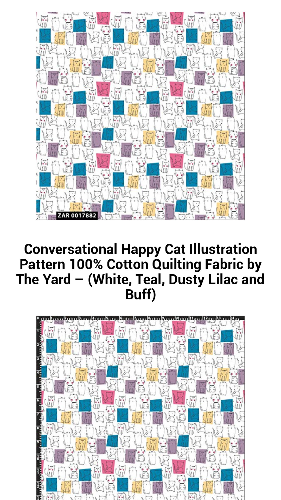 Enchanting Happy Cat Quilt Fabric - 100% Cotton, Whimsical Illustration Pattern in White, Teal, Dusty Lilac, and Buff, Sold by the Yard