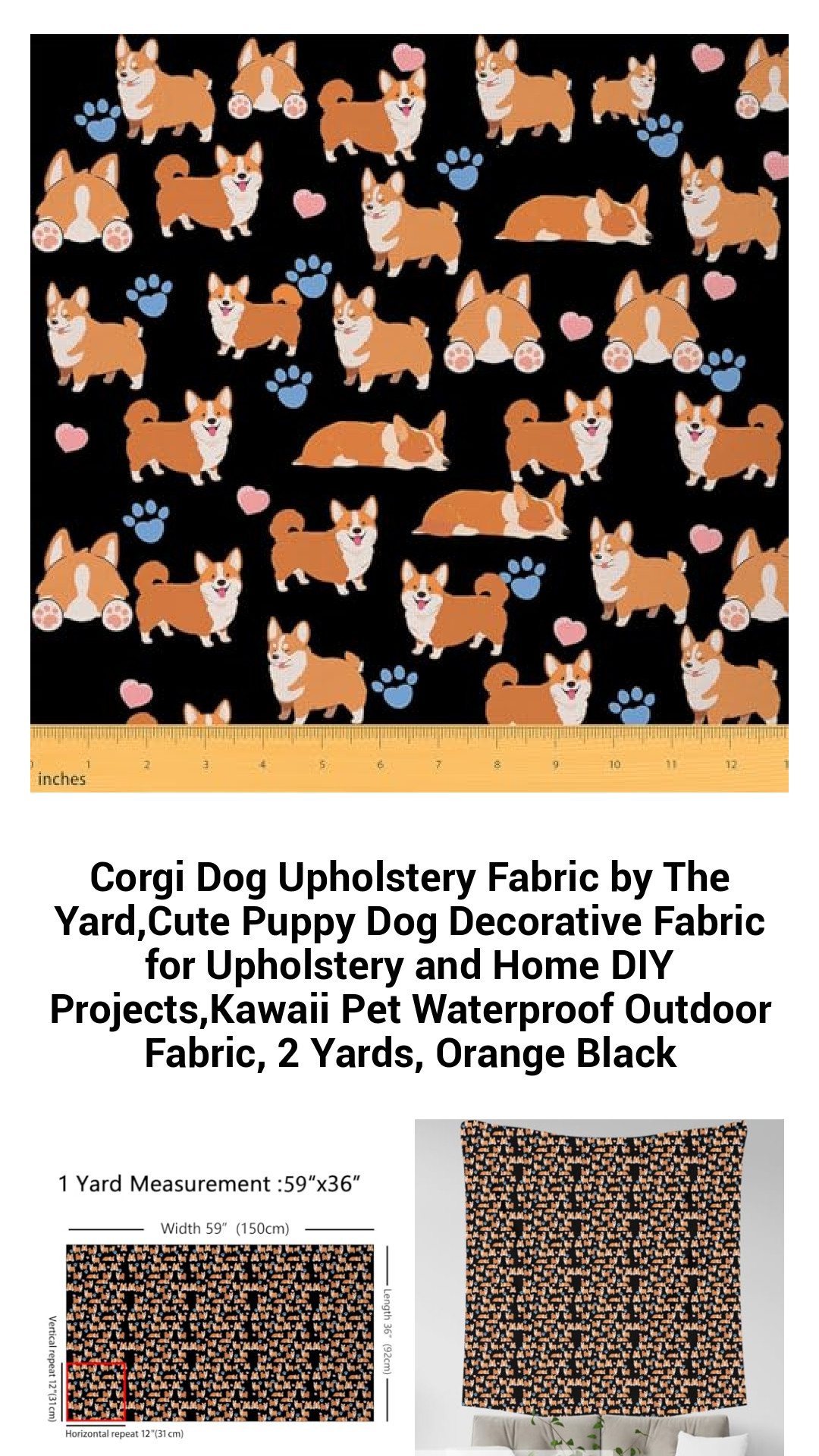 Adorable Corgi Dog Upholstery Fabric by the Yard - Waterproof and Versatile Decorative Fabric for Home DIY Projects, Outdoor Use, and Furniture Refurbishing - 2 Yards in Vibrant Orange and Black