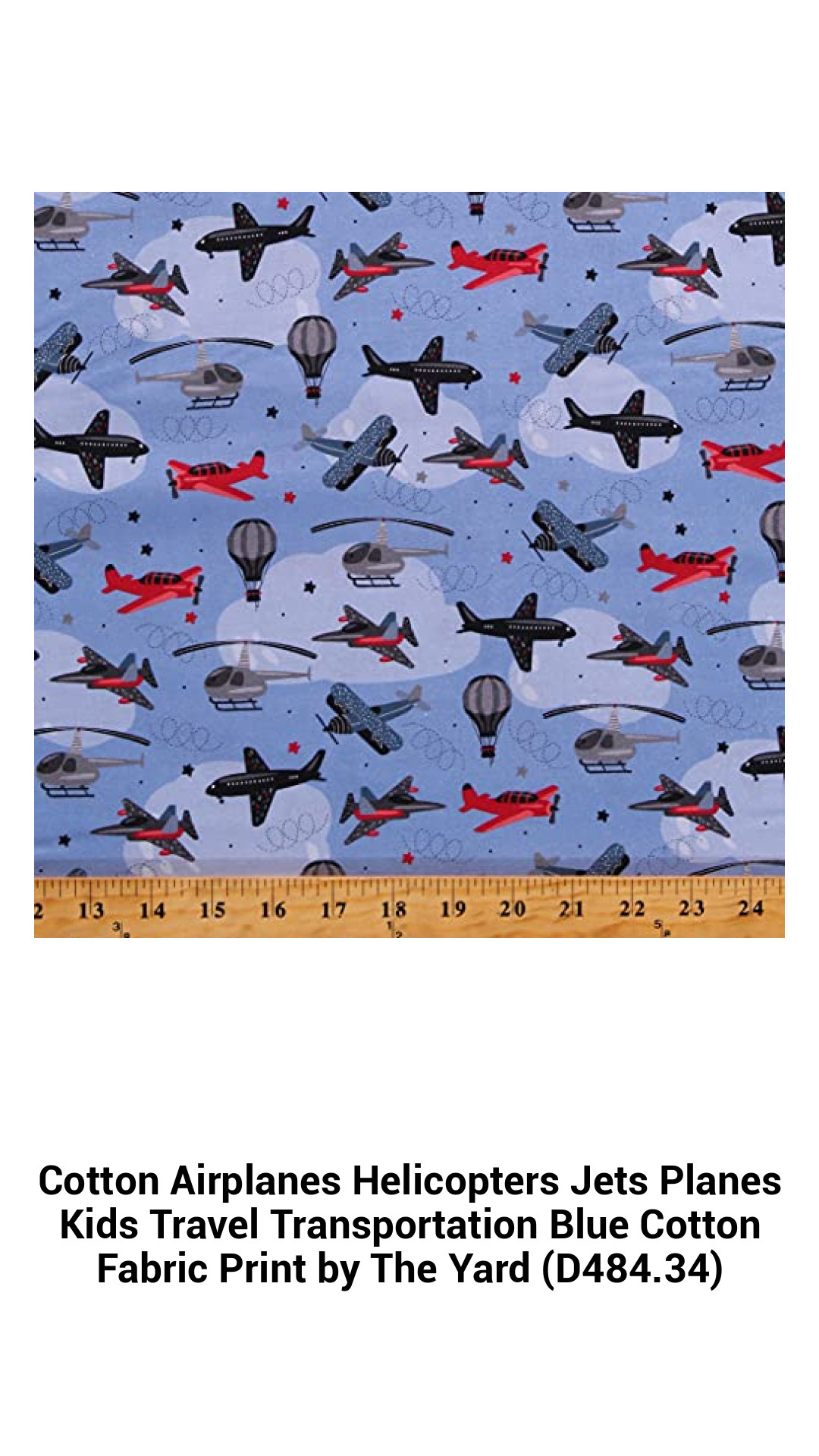 Explore the Skies: Kids' Travel-Themed Blue Cotton Fabric Featuring Airplanes, Helicopters, and Jets by the Yard