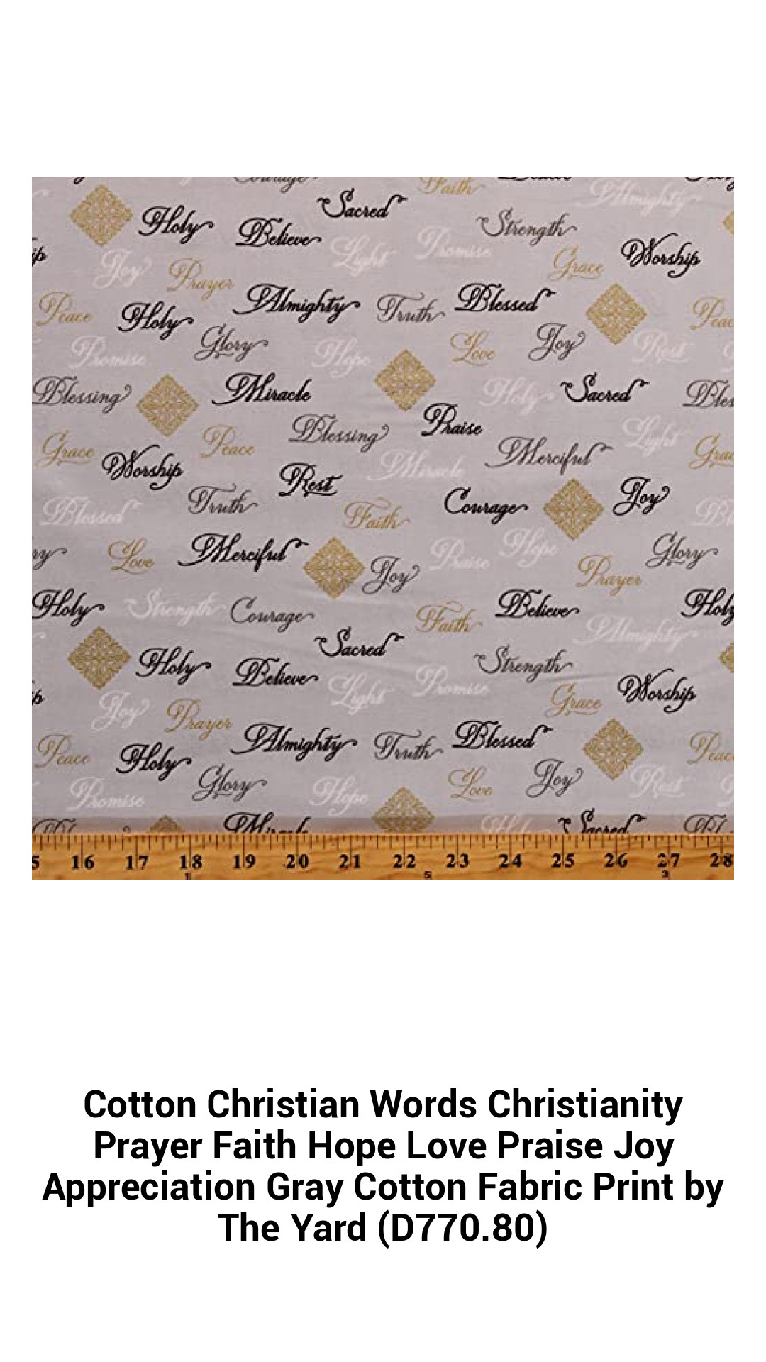 Inspirational Gray Cotton Fabric with Christian Messages – Faith, Hope, Love, and Joy Print Sold by the Yard
