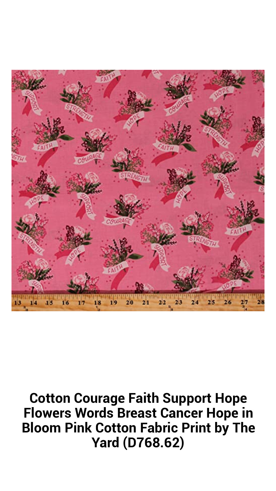 Empowering Pink Cotton Fabric Print for Breast Cancer Awareness - Courage, Faith, and Hope Floral Design by the Yard