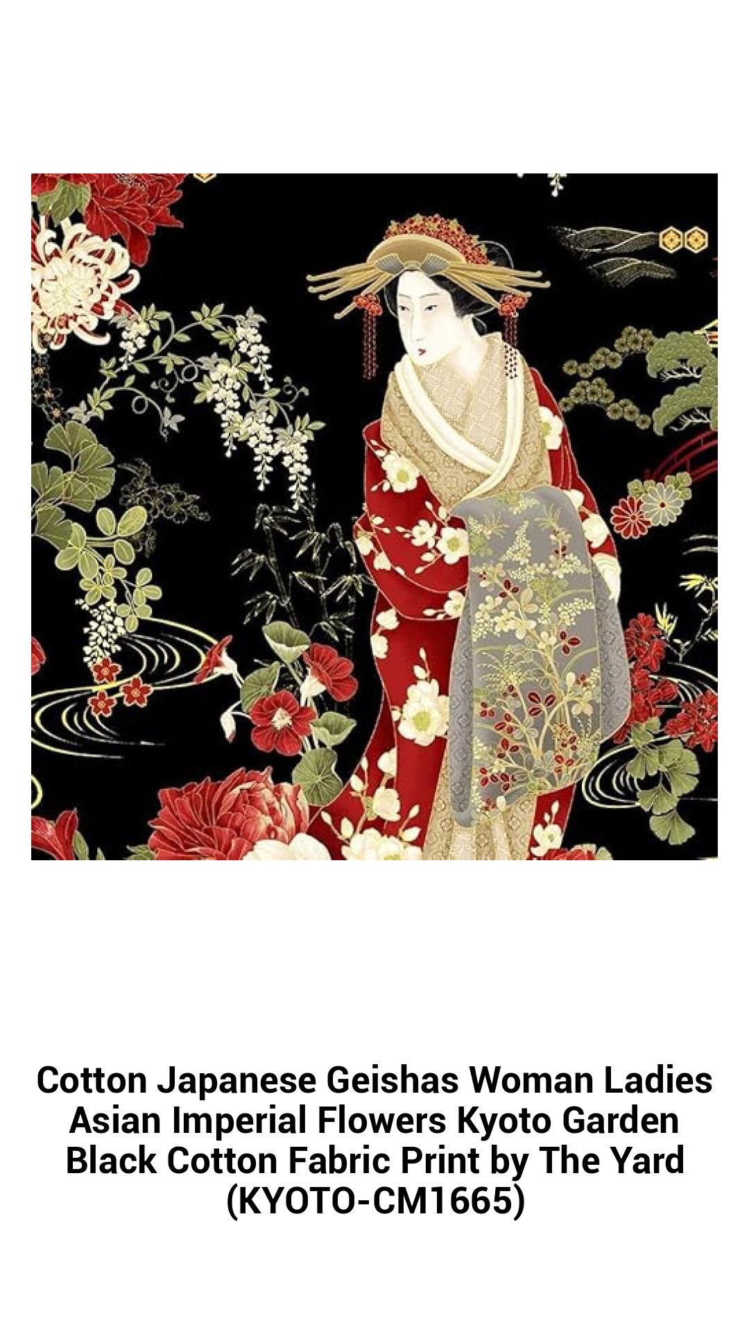 Exquisite Kyoto Garden Cotton Fabric - Japanese Geishas & Imperial Flowers Print - 100% Cotton, 44" Wide, Sold by the Yard