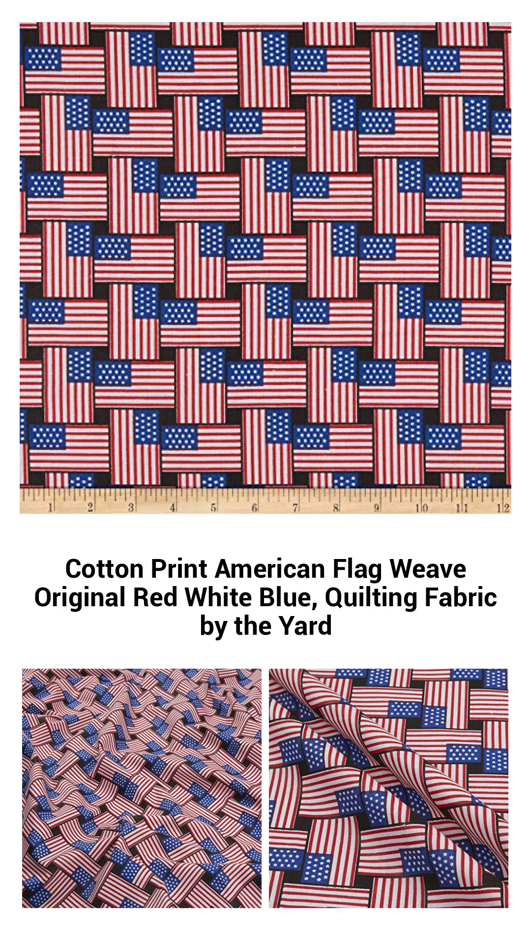 Cotton Print American Flag Weave Original Red White Blue, Quilting Fabric by the Yard Cotton Print American Flag Weave Original Red White Blue, Quilting Fabric by the Yard