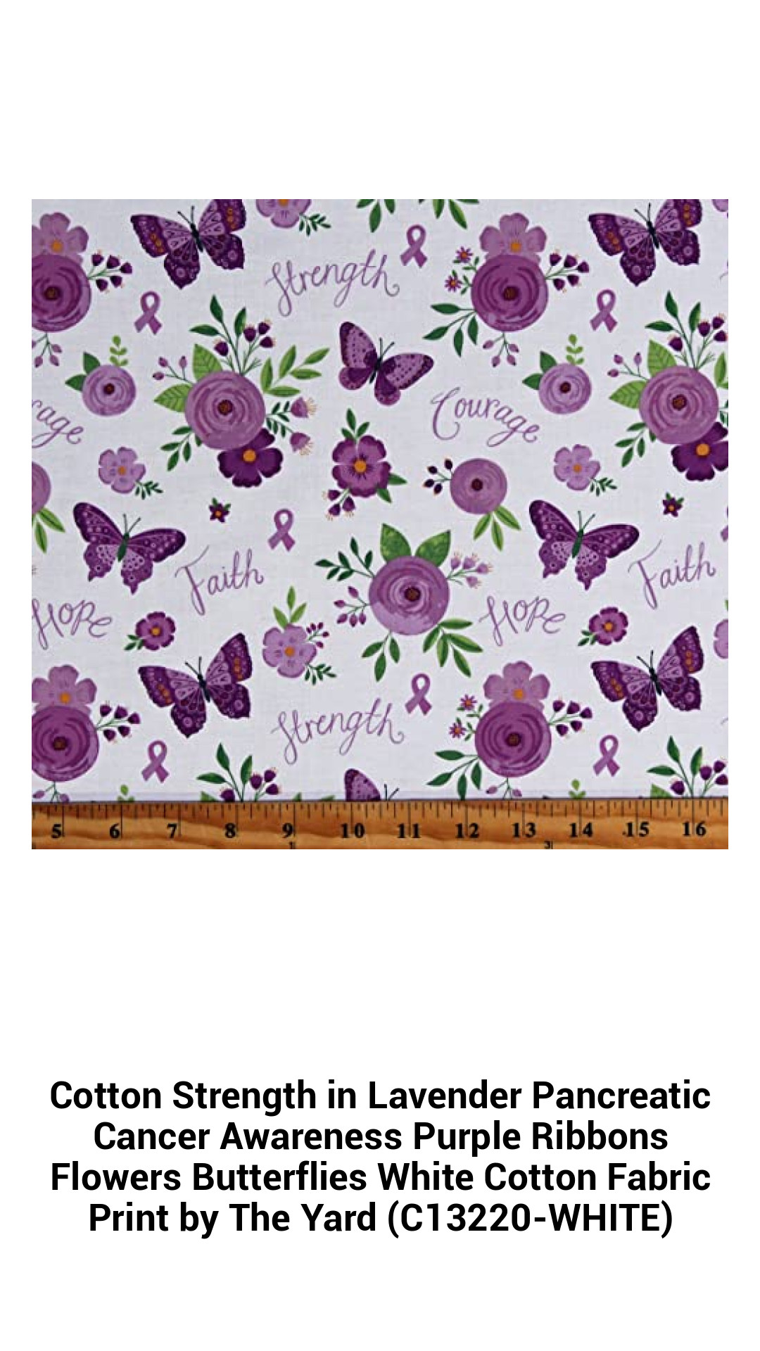 Vibrant Lavender Cotton Fabric with Purple Ribbons, Flowers, and Butterflies for Pancreatic Cancer Awareness - 44" Wide, Sold by the Yard
