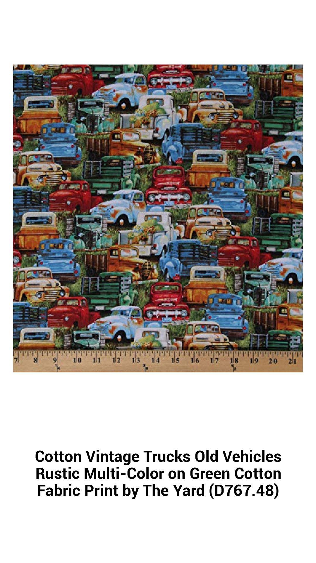 Vintage Trucks Cotton Fabric Print – Rustic Multi-Color Design on Green – Perfect for Quilting and Crafting by the Yard