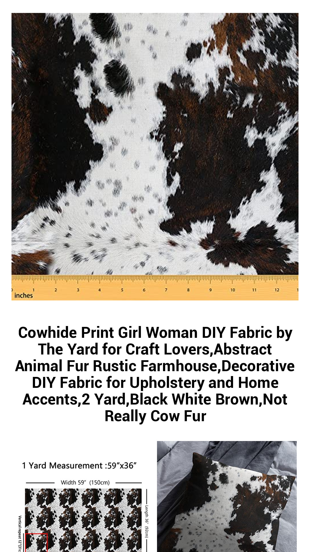 Premium Cowhide Print Fabric by The Yard - Versatile DIY Craft Material for Home Decor, Upholstery, and Creative Projects, 2 Yards, Black White Brown Pattern