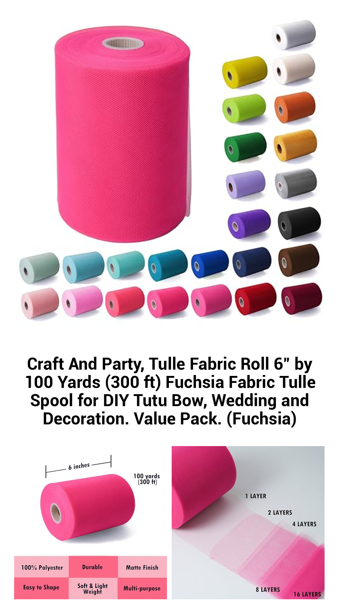 Fuchsia Tulle Fabric Roll – 6 Inch x 100 Yards – Premium Sheer Tulle Spool for DIY Crafts, Wedding Decor, and Party Decorations