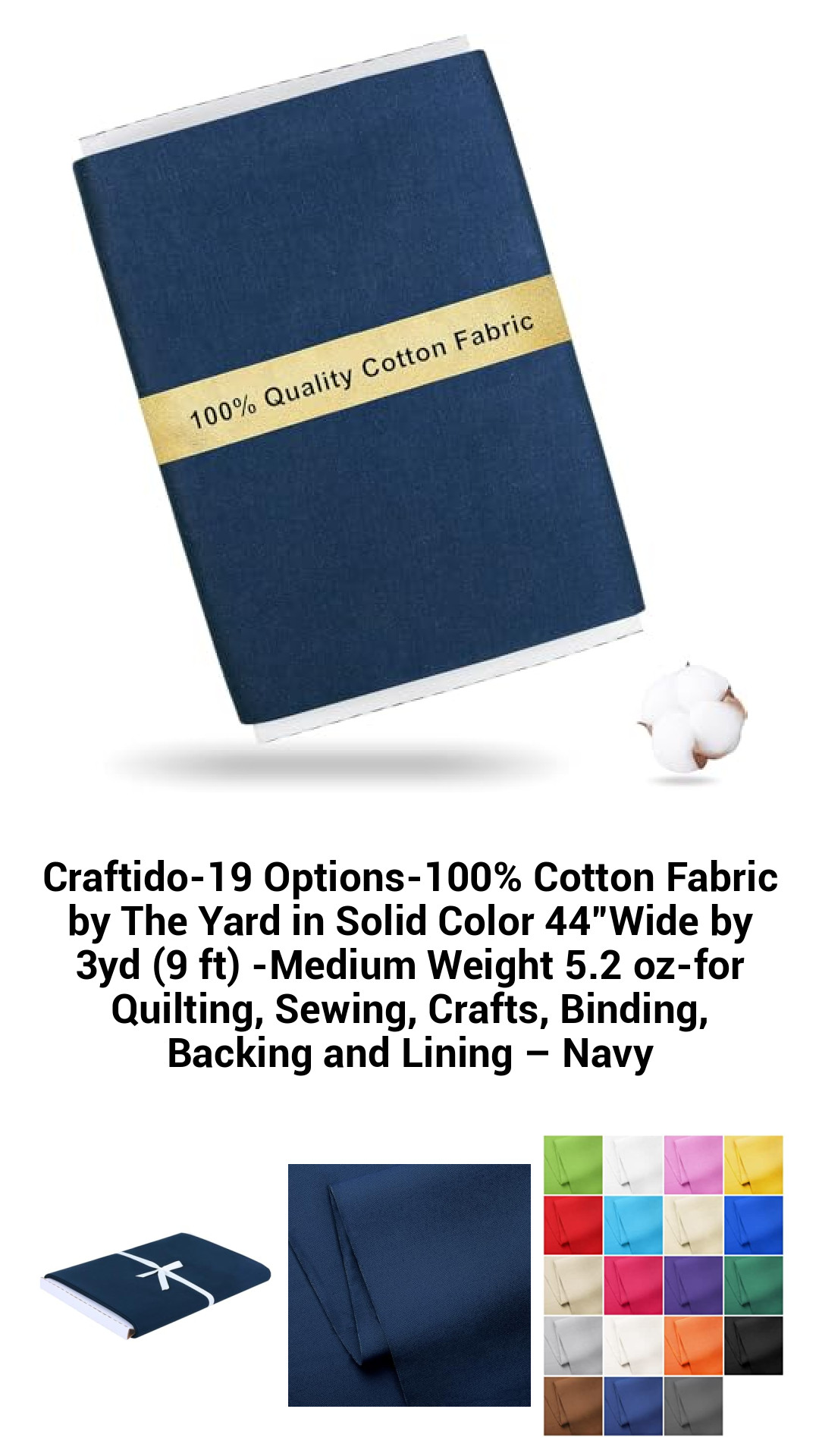 Craftido-19 Options-100% Cotton Fabric by The Yard in Solid Color 44”Wide by 3yd (9 ft) -Medium Weight 5.2 oz-for Quilting, Sewing, Crafts, Binding, Backing and Lining – Navy Craftido-19 Options-100% Cotton Fabric by The Yard in Solid Color 44”Wide by 3yd (9 ft) -Medium Weight 5.2 oz-for Quilting, Sewing, Crafts, Binding, Backing and Lining – Navy