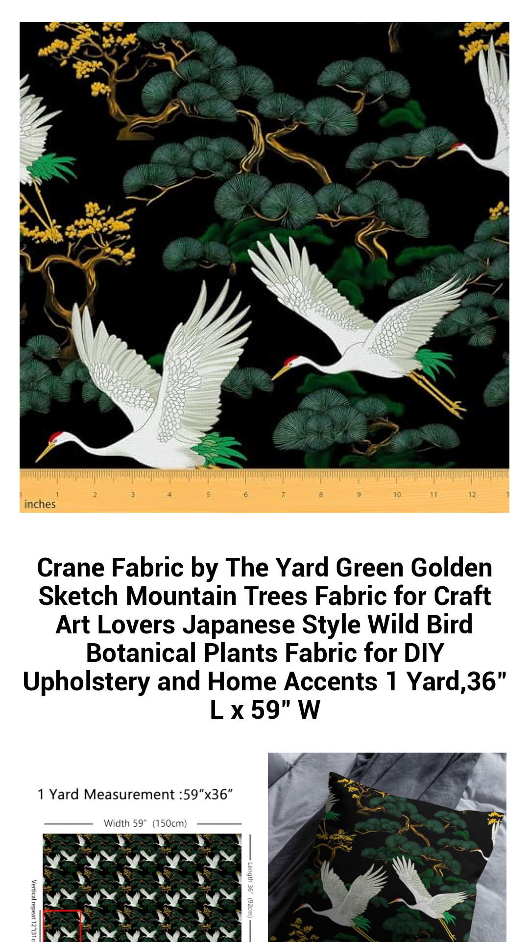 Exquisite Crane Fabric by the Yard – Elegant Green and Gold Mountain Landscape Design for DIY Home Decor, Upholstery, and Crafting Projects
