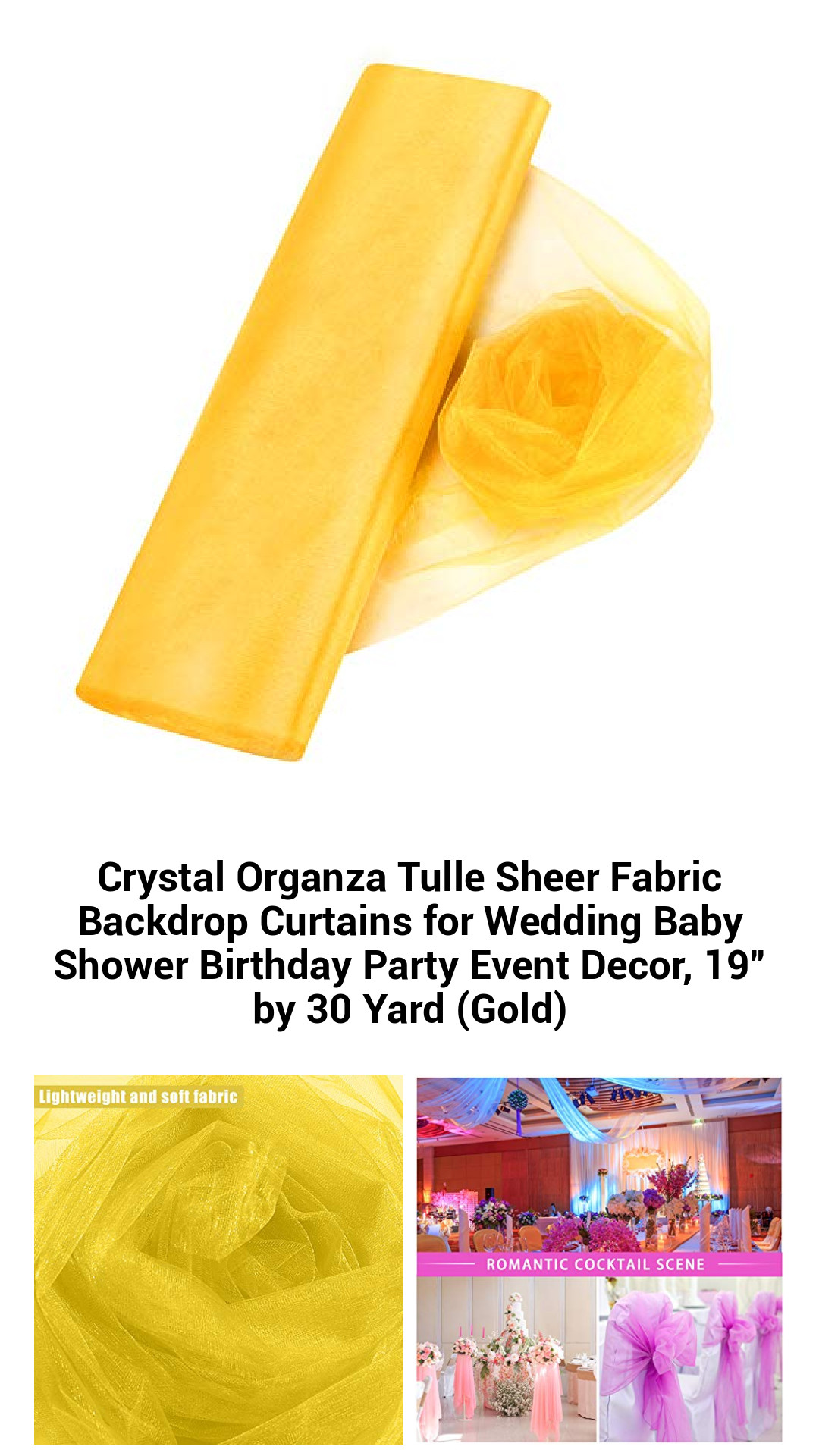 Luxurious Gold Crystal Organza Tulle Sheer Fabric for Stunning Wedding and Event Decor, 19” x 30 Yards
