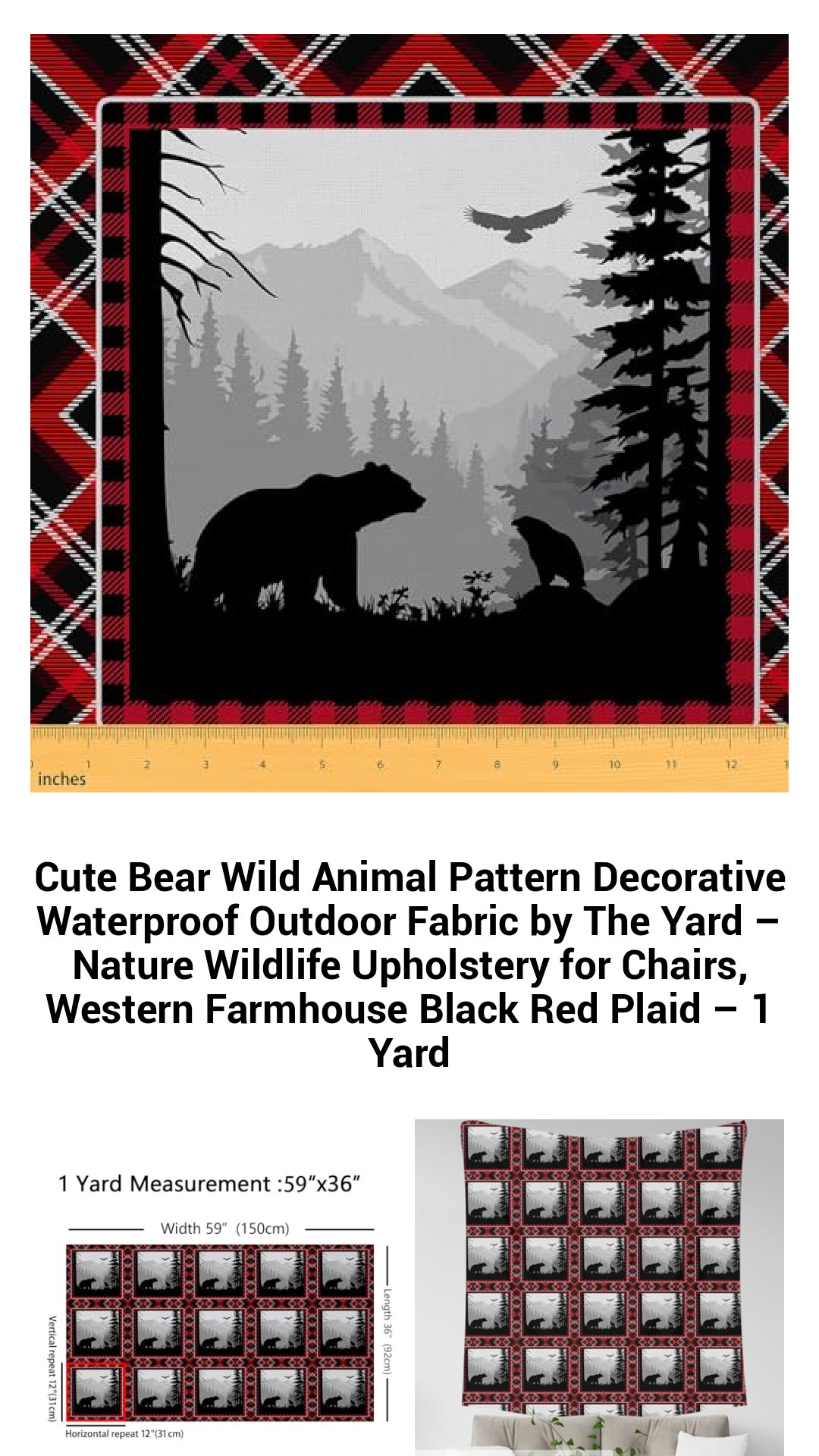 Waterproof Cute Bear Wildlife Fabric for Outdoor and Indoor Use – Versatile Upholstery Material in Black and Red Plaid – Perfect for DIY Projects and Home Decor