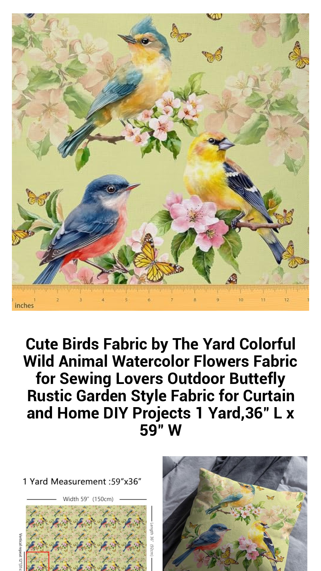 Cute Birds Fabric by The Yard Colorful Wild Animal Watercolor Flowers Fabric for Sewing Lovers Outdoor Buttefly Rustic Garden Style Fabric for Curtain and Home DIY Projects 1 Yard,36" L x 59" W Cute Birds Fabric by The Yard Colorful Wild Animal Watercolor Flowers Fabric for Sewing Lovers Outdoor Buttefly Rustic Garden Style Fabric for Curtain and Home DIY Projects 1 Yard,36" L x 59" W