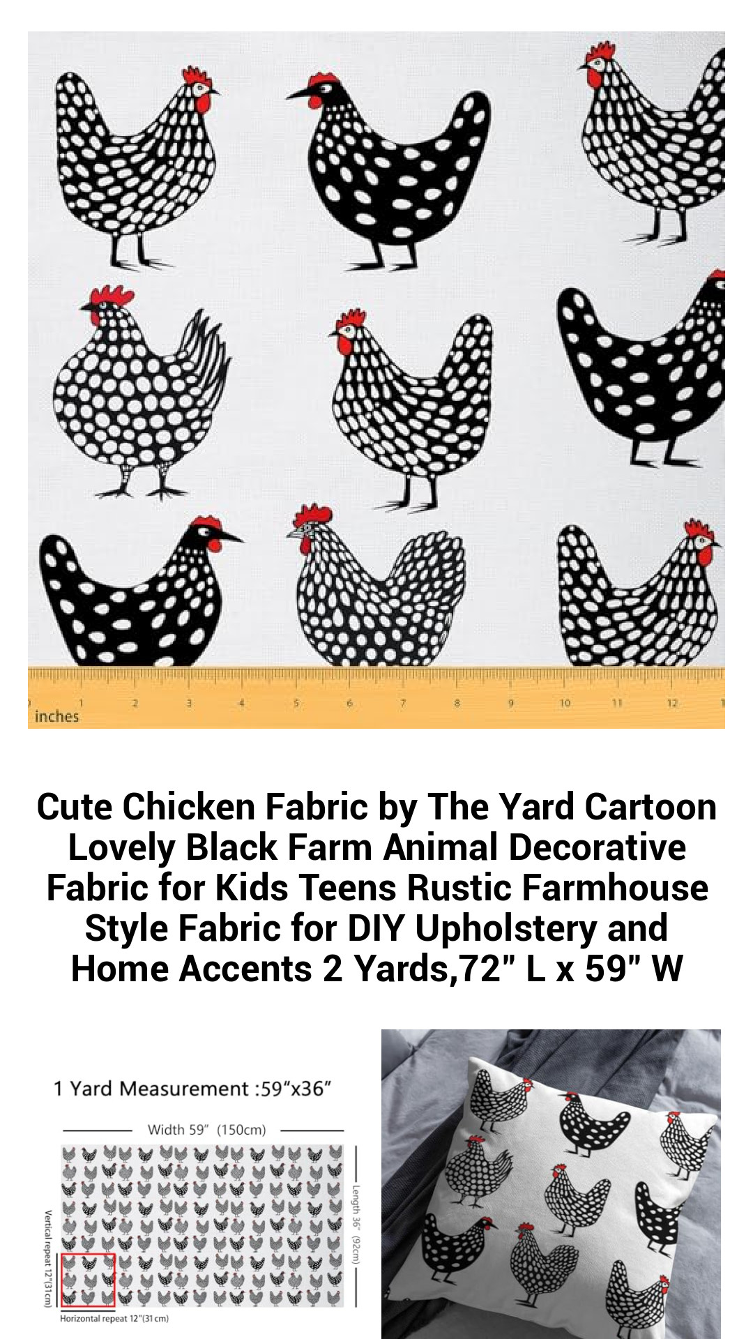 Adorable Black Chicken Fabric by the Yard – Charming Cartoon Farm Animal Print for Kids and Teens – Perfect for Rustic Home Decor, DIY Projects, and Upholstery – 2 Yards of Soft, Waterproof Polyester