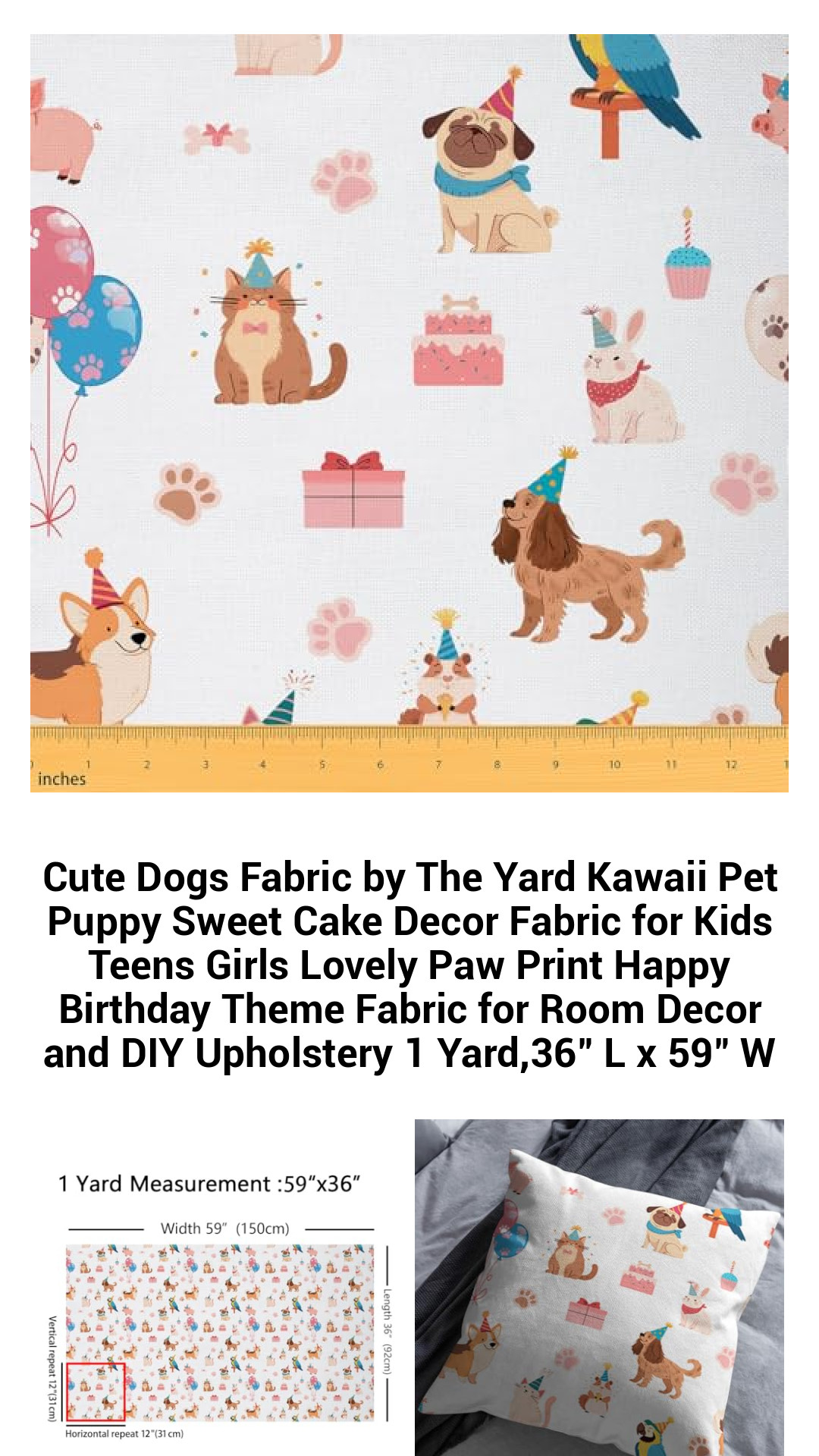 Adorable Kawaii Dogs Fabric by the Yard - Perfect for Kids' Rooms, DIY Crafts, and Birthday Celebrations - Soft, Waterproof Paw Print Design for Creative Upholstery Projects