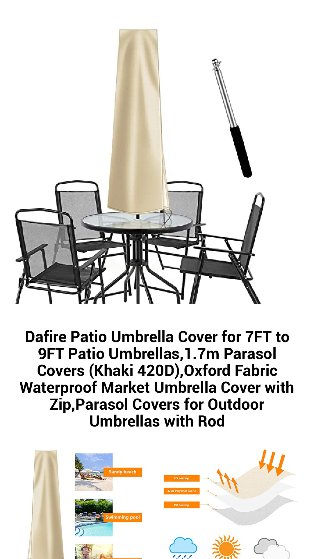 Dafire Patio Umbrella Cover for 7FT to 9FT Patio Umbrellas,1.7m Parasol Covers (Khaki 420D),Oxford Fabric Waterproof Market Umbrella Cover with Zip,Parasol Covers for Outdoor Umbrellas with Rod Dafire Patio Umbrella Cover for 7FT to 9FT Patio Umbrellas,1.7m Parasol Covers (Khaki 420D),Oxford Fabric Waterproof Market Umbrella Cover with Zip,Parasol Covers for Outdoor Umbrellas with Rod