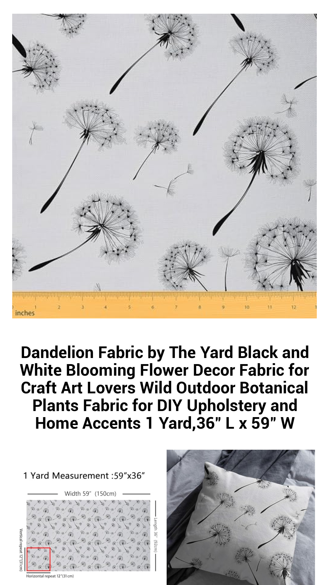 Elegant Dandelion Floral Fabric by the Yard - Stunning Black and White Botanical Print for Crafting, Upholstery, and Home Décor