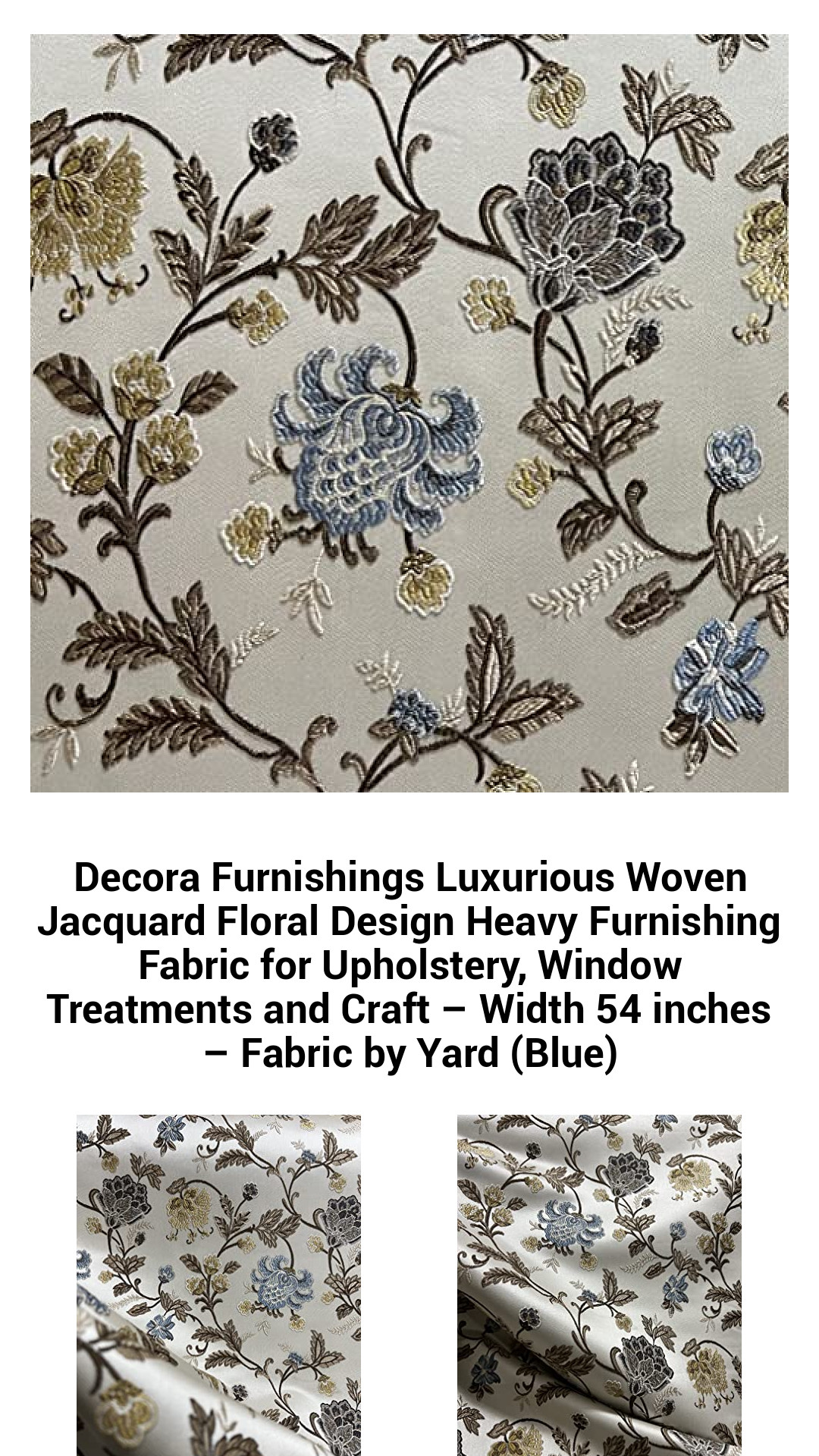 Premium Jacquard Floral Upholstery Fabric – Luxurious Woven Design for Home Décor, Crafts & Window Treatments – 54 inches Wide, Sold by the Yard (Elegant Blue)