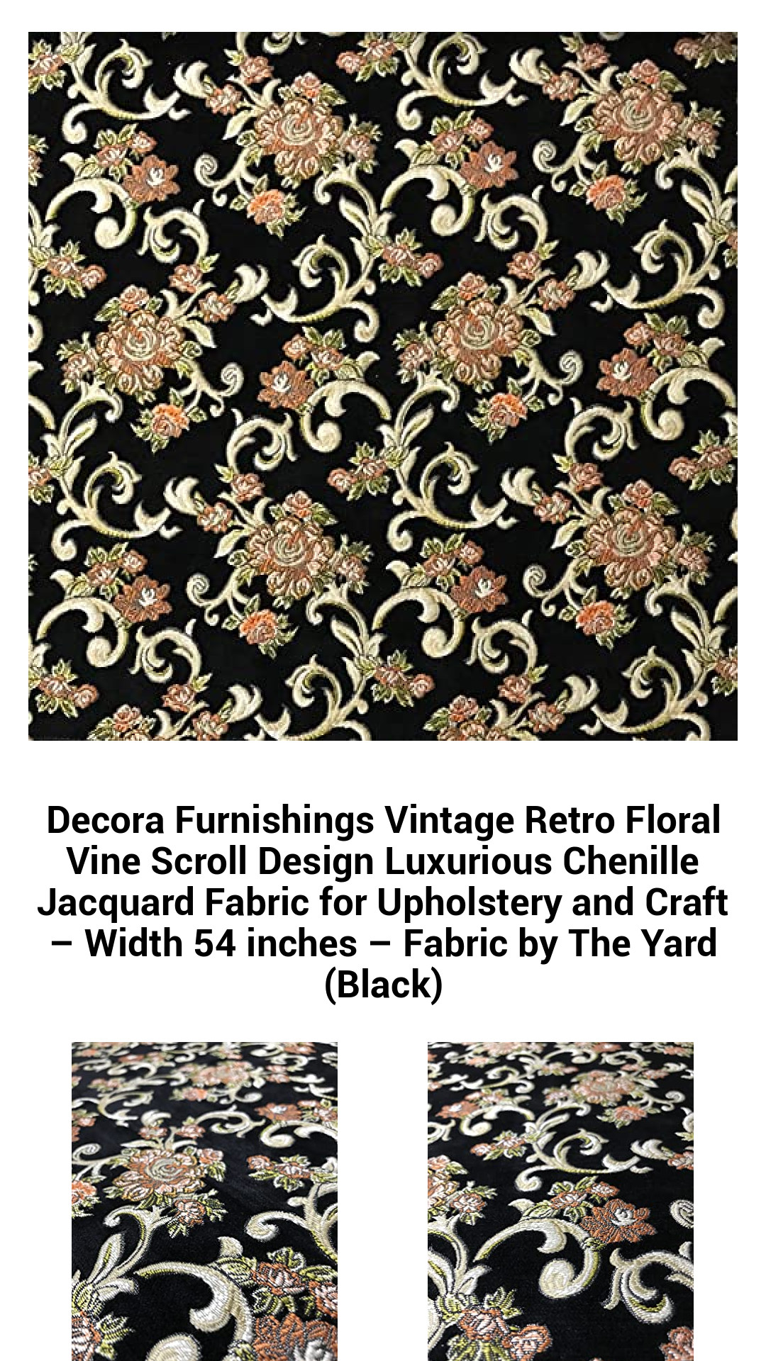 Luxurious Chenille Jacquard Floral Vine Scroll Fabric – Stylish Upholstery & Craft Material – 54 Inches Wide, Black Elegance by the Yard