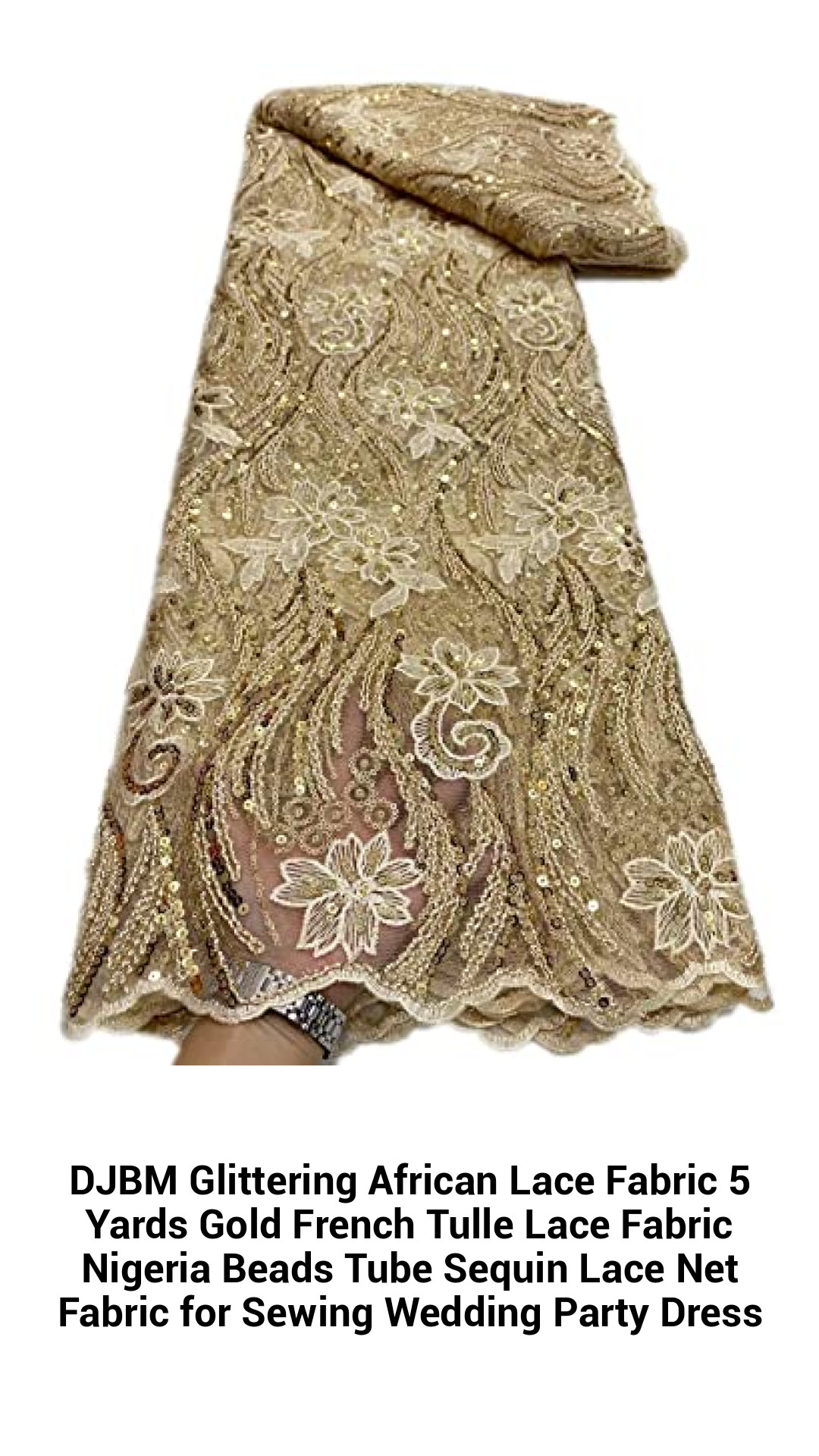 Sparkling African Lace Fabric - 5 Yards of Premium Gold French Tulle with Beads & Sequins for Elegant Wedding & Party Dress Design